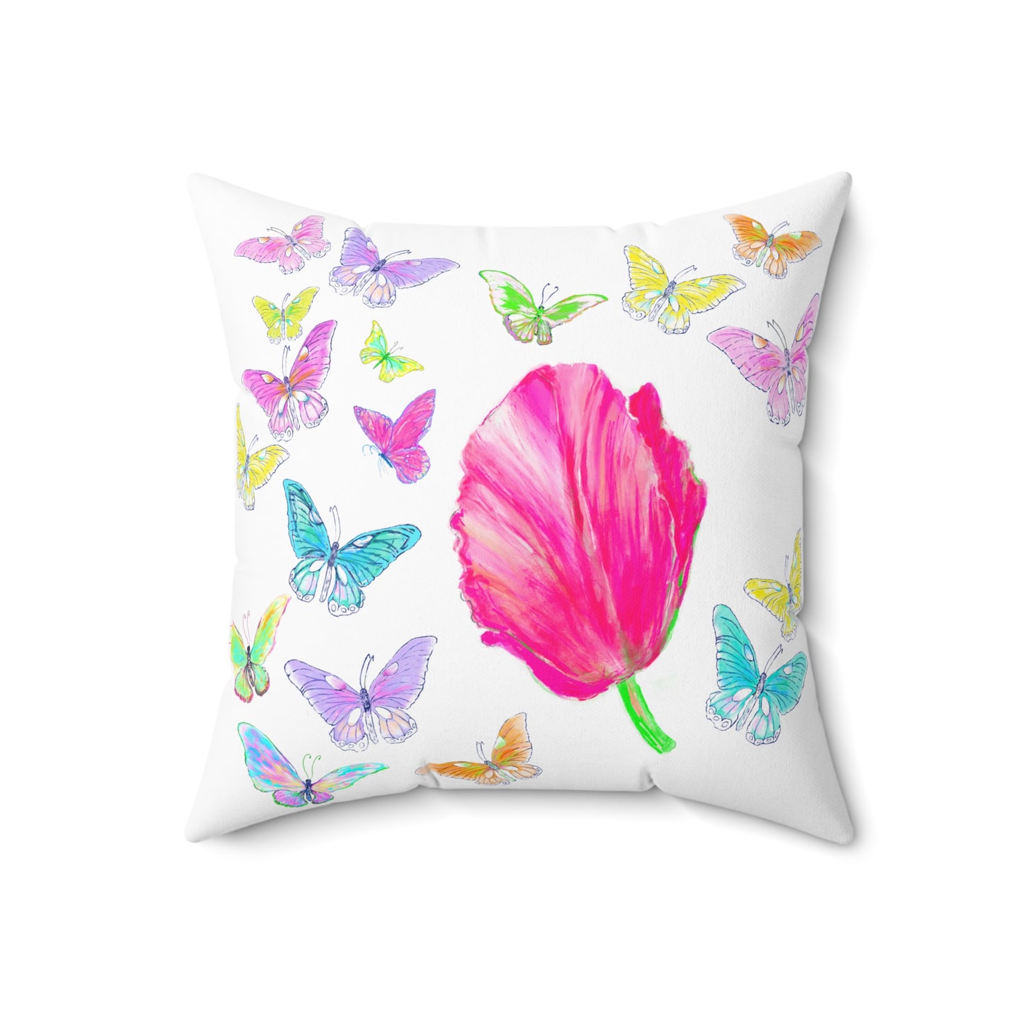 Dancing Tulips Butterflies Spun Polyester Square Pillow. Multi-Color Butterflies, Raspberry Tulip
