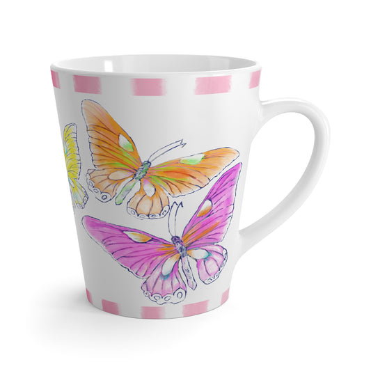 Butterfly Swing  Latte Mug Aqua, Pink, Orange, Yellow Butterflies, Pink Stripe
