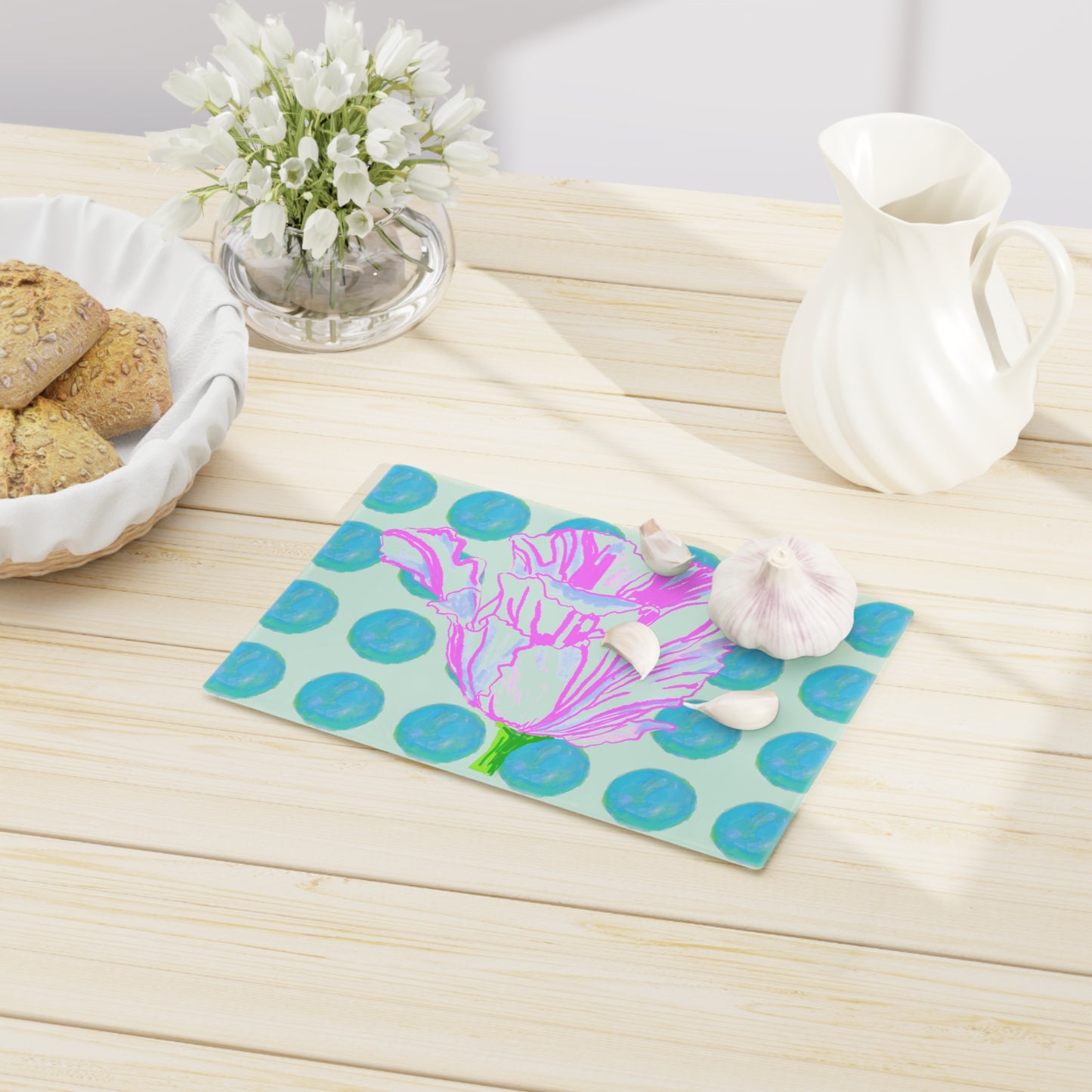 Dancing Tulips Cutting Board, Aqua Polka Dots