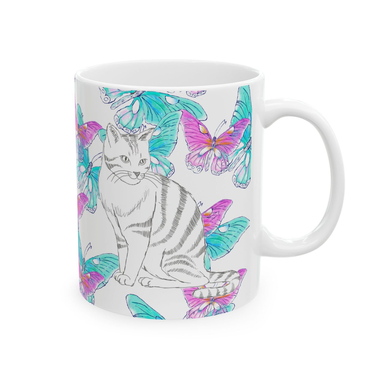 Kitty Flutter Ceramic Mug, Pink/Aqua, (11oz, 15oz)