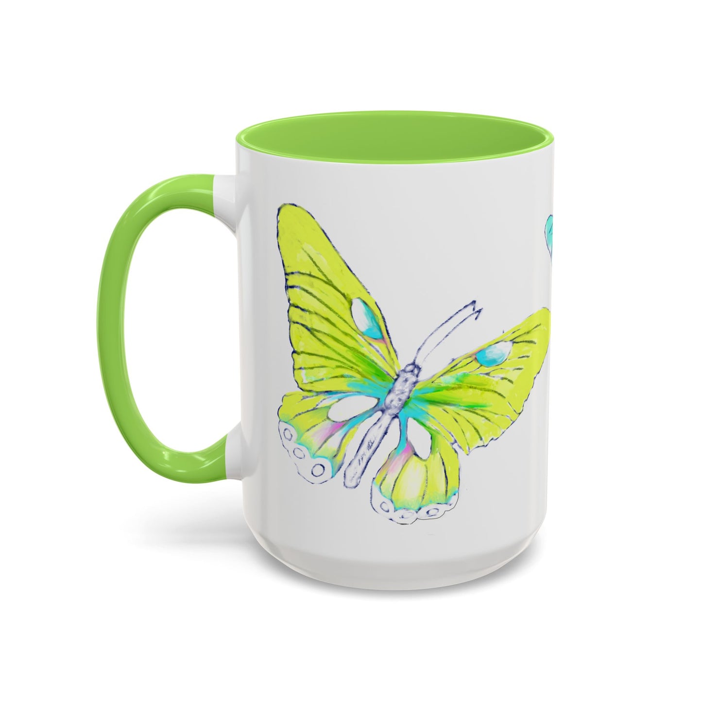 Butterfly Swing, Inside Green Colorful Mugs, Main Butterfly Yellow Green (11oz, 15oz)