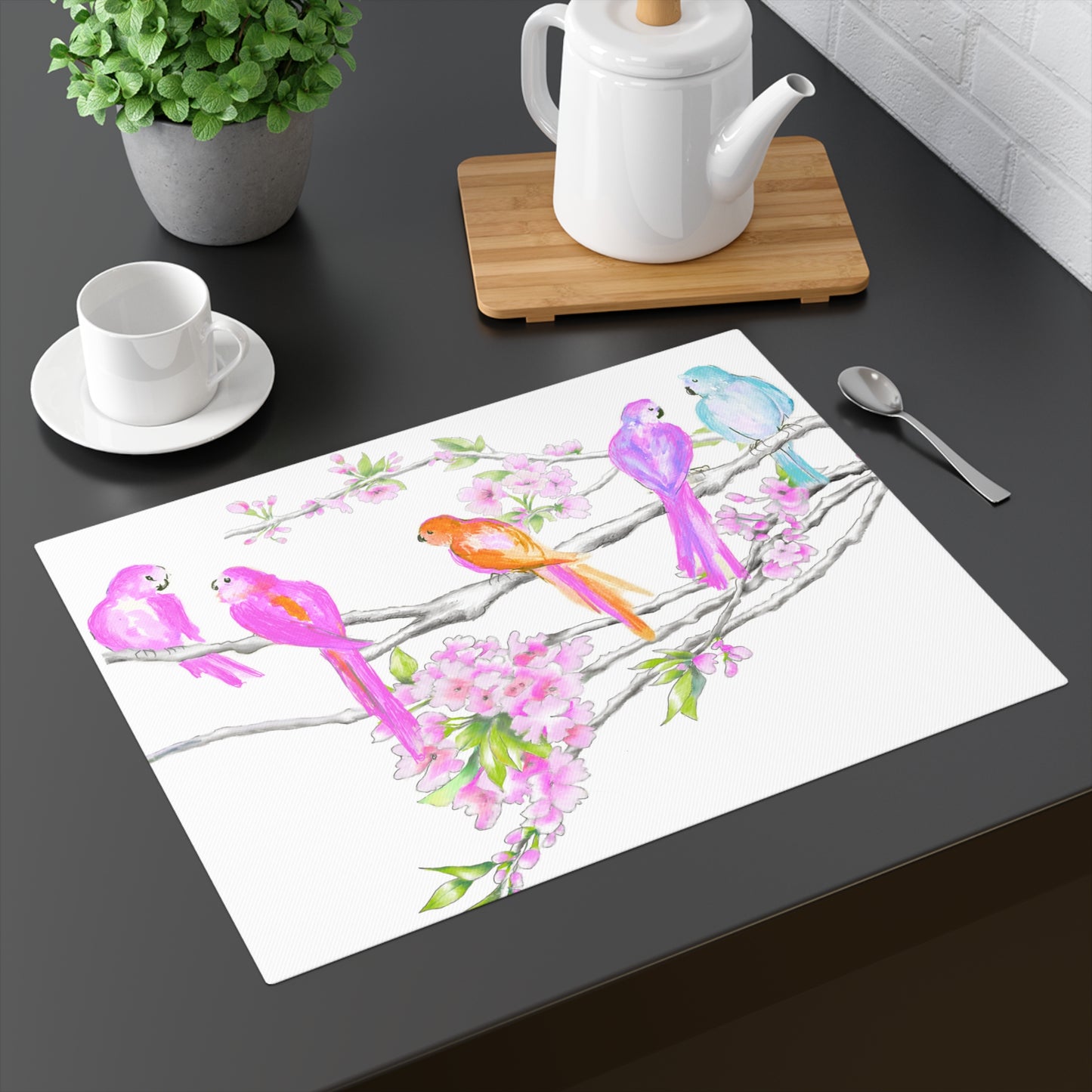 Blossoms & Birds In Pink, Orange, Purple, and Blue Placemat, 1pc (18" × 14"), Cotton, Creamy White Background,#6 End of Table