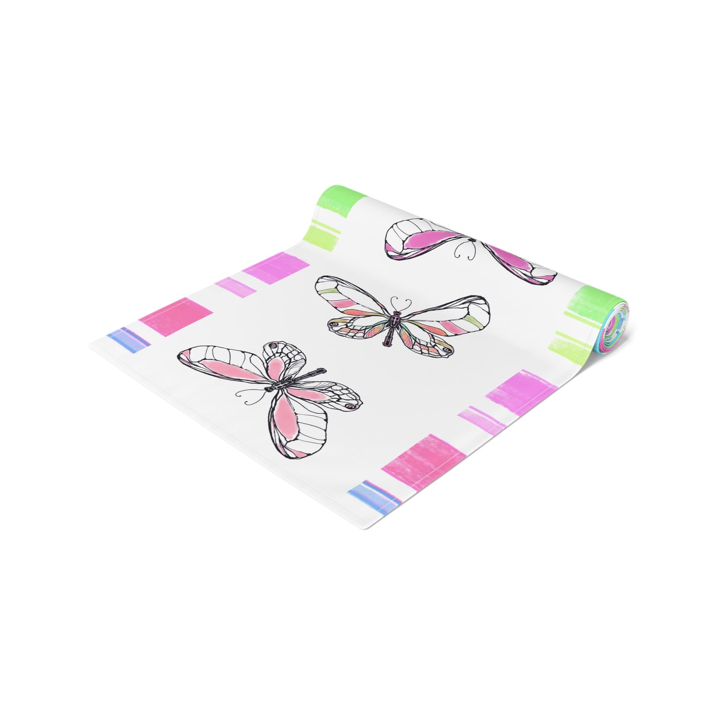 Butterfly Flutterstripe Table Runner in Multi-color With Pink, Blue, Green Border 1 size ( 16" × 90")  (available in Cotton (Creamier) & Polyester (Whiter)