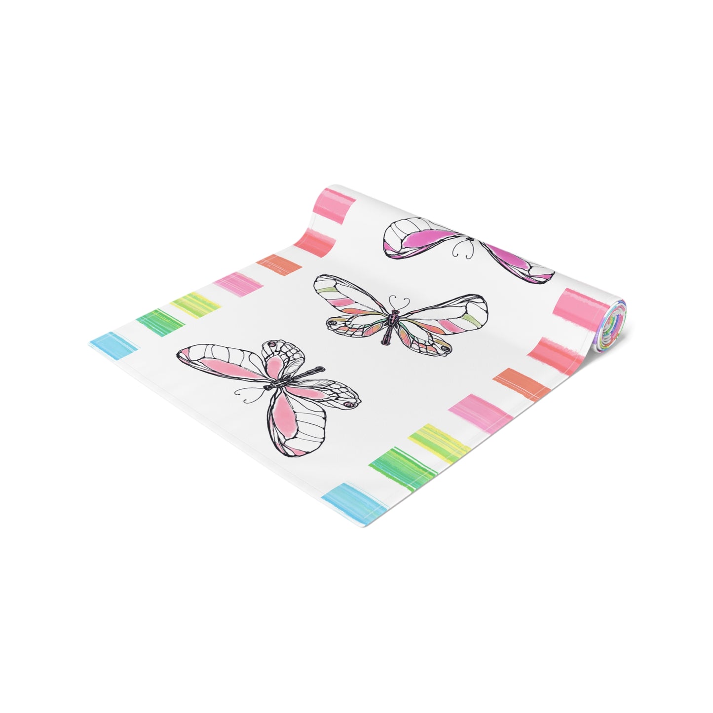 Butterfly Flutterstripe Table Runner in Multi-color with Checked Border 1 size ( 16" Γ 90") (available in Cotton " creamier" & Polyester "whiter"
