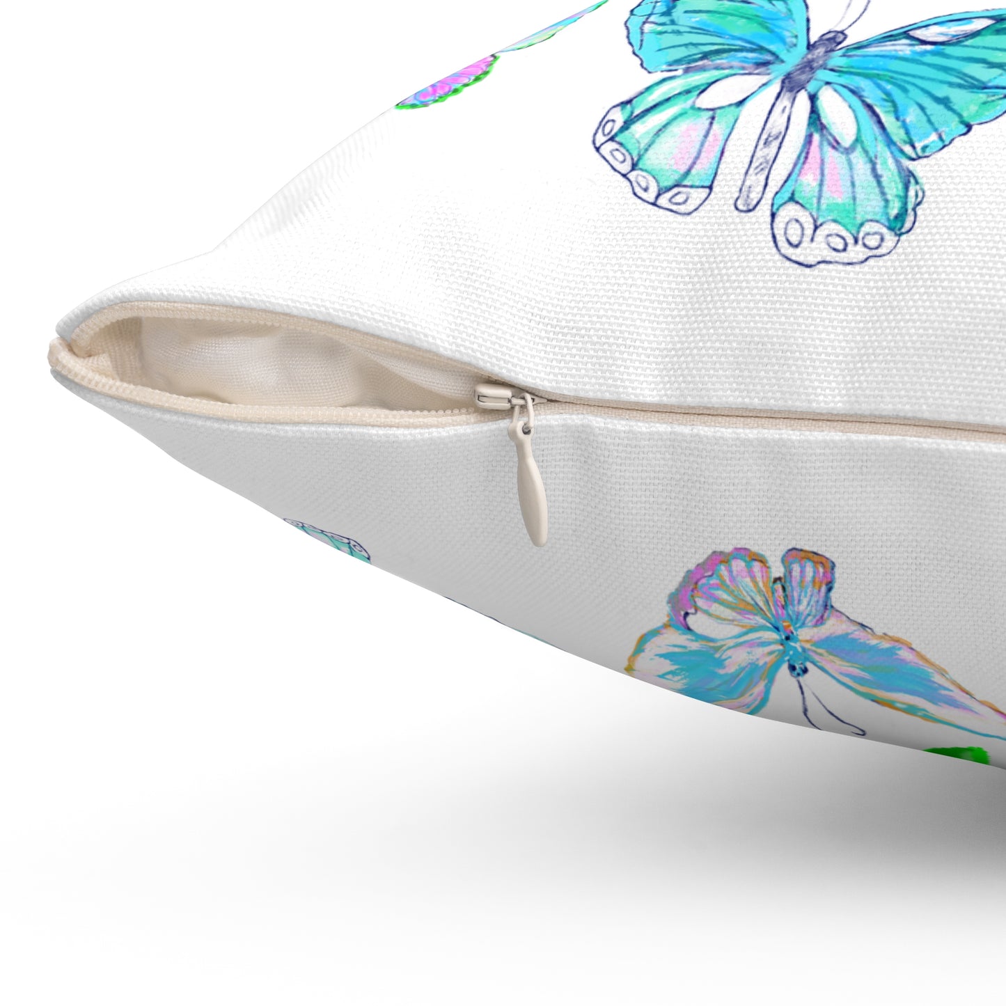 Dancing Tulips Butterflies Spun Polyester Square Pillow. Multi-Color Butterflies,  Raspberry Tulip