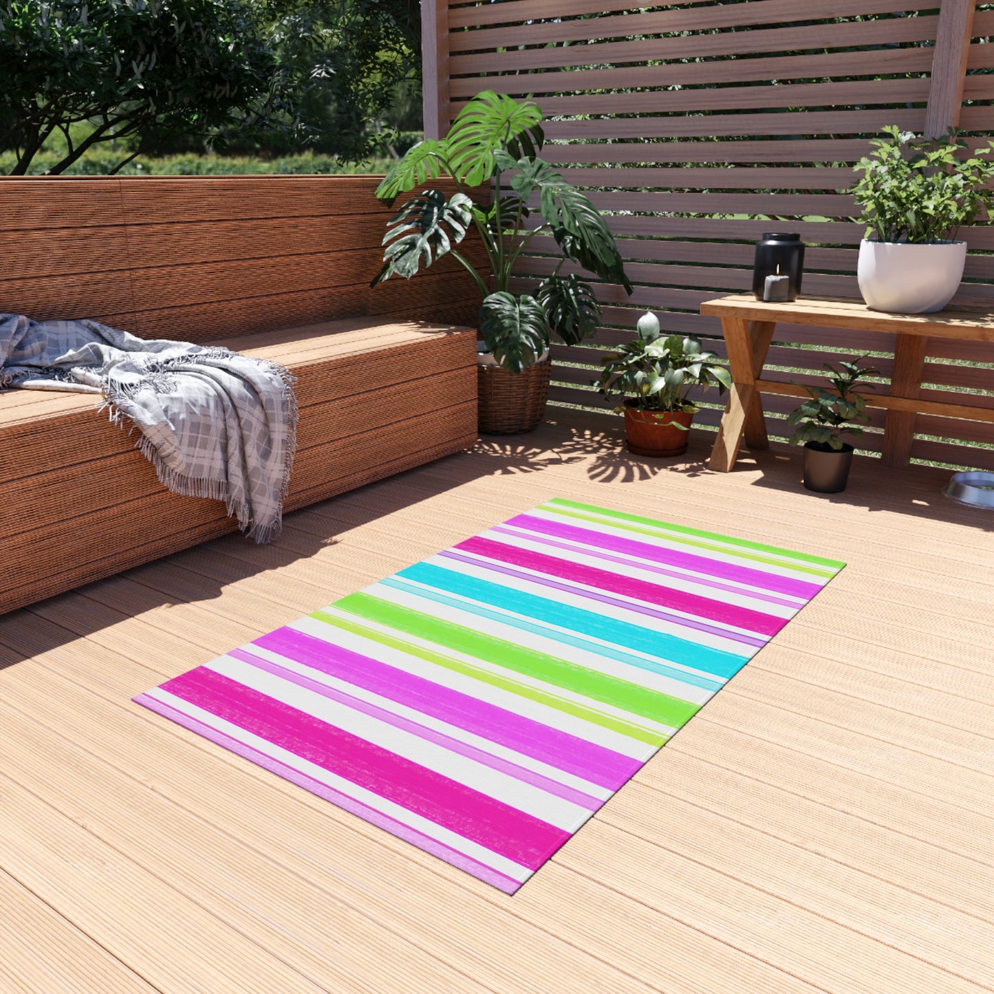 Butterfly Flutterstripe Outdoor Rug , Pinks, Greens, Aqua