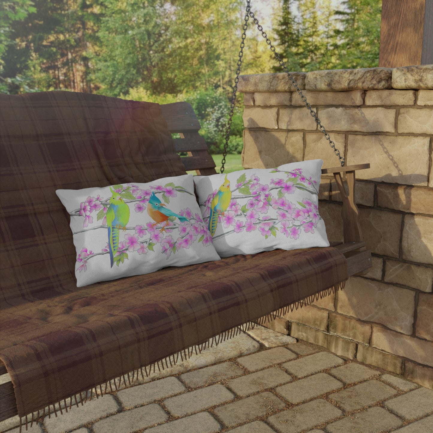 Outdoor Pillows Lumbar Birdies and Cherry Blossoms