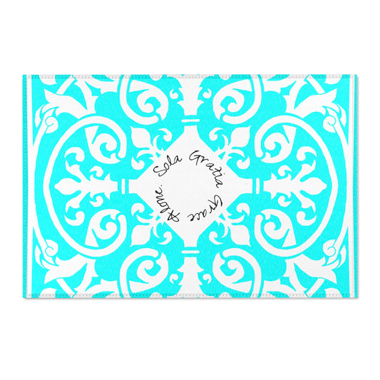 Scrollwork Indoor/Outdoor Rug Aqua "Sola Gratia..."