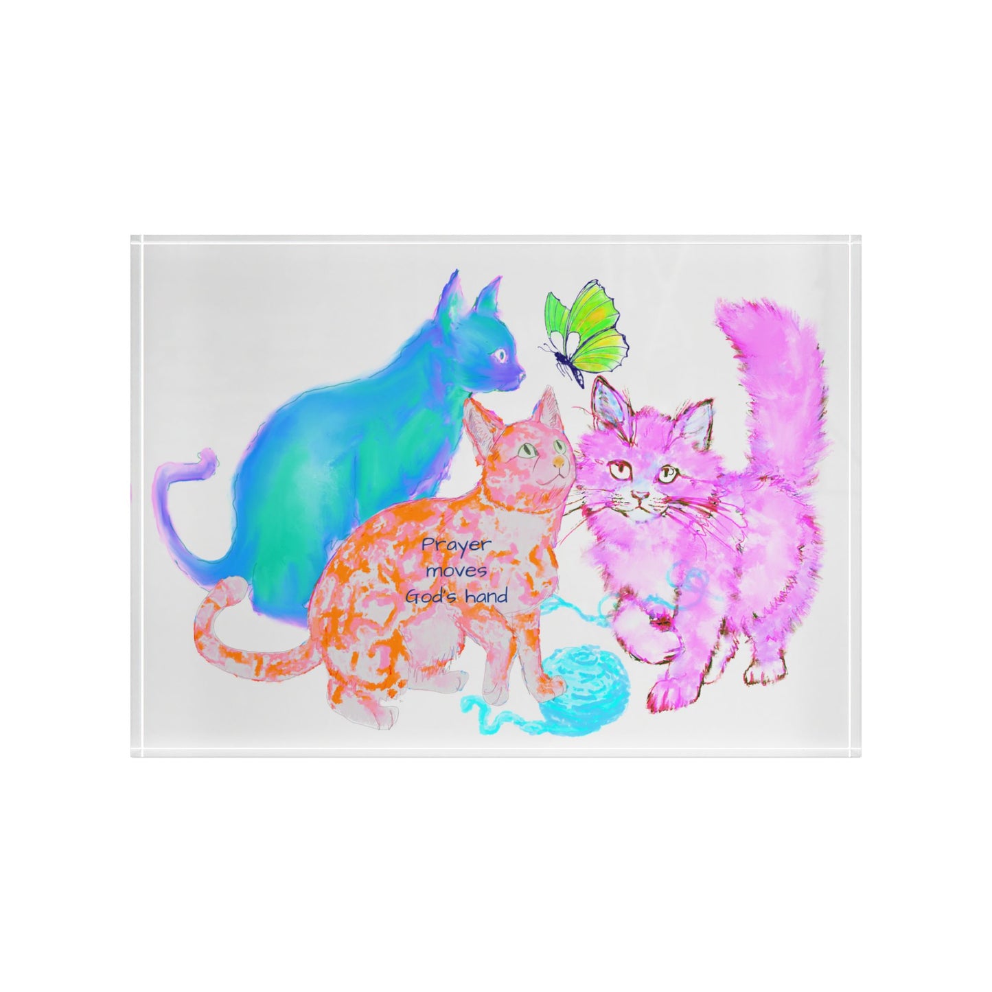 Colorful Cats & Dogs Acrylic Art Block 3 Cats Blue, Orange ,Prayer Moves God's Hand