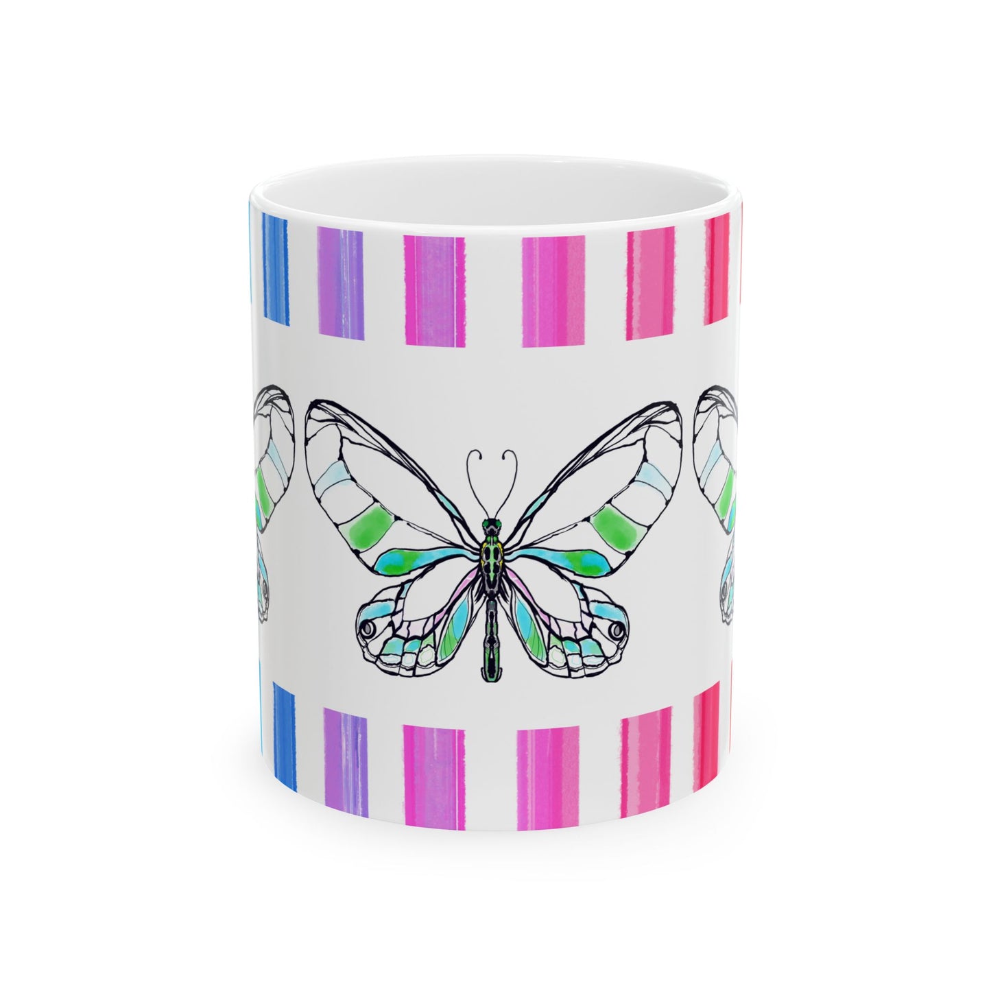 Butterfly Rainbow Stripe Ceramic Mug in Green with Multi-color Striped Border, (Available in 2 sizes 11oz and 15oz)