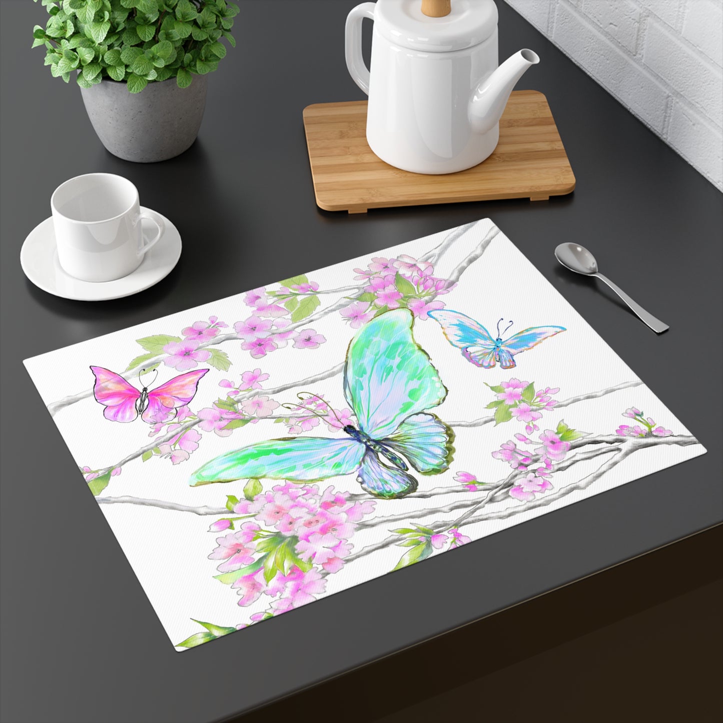 Butterfly Blossom Whirl Cotton Placemat, Aqua/Green, Fabric Background Creamy White, #10