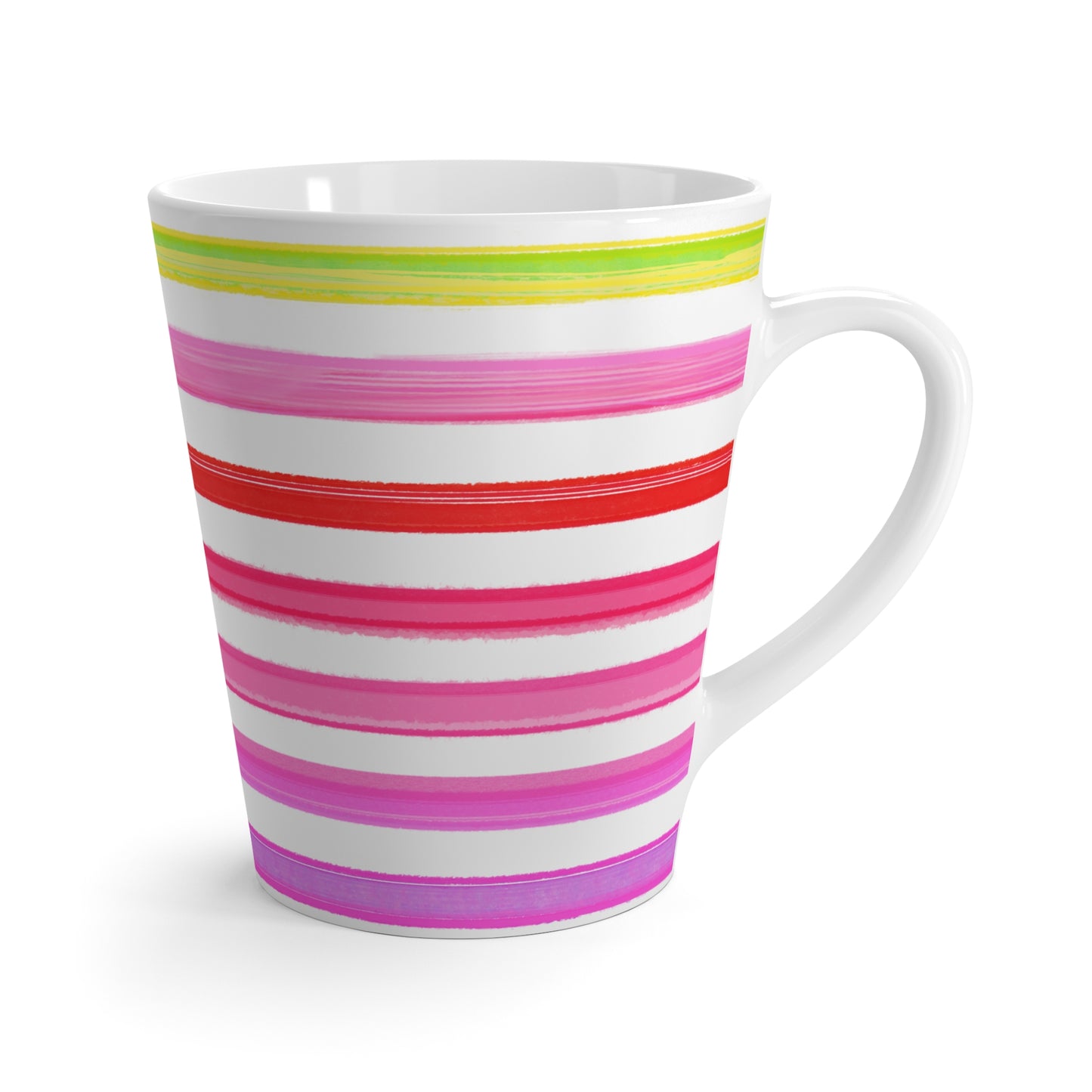Rainbow Stripes Horizontal Latte Mug Yellow, Pinks. Red