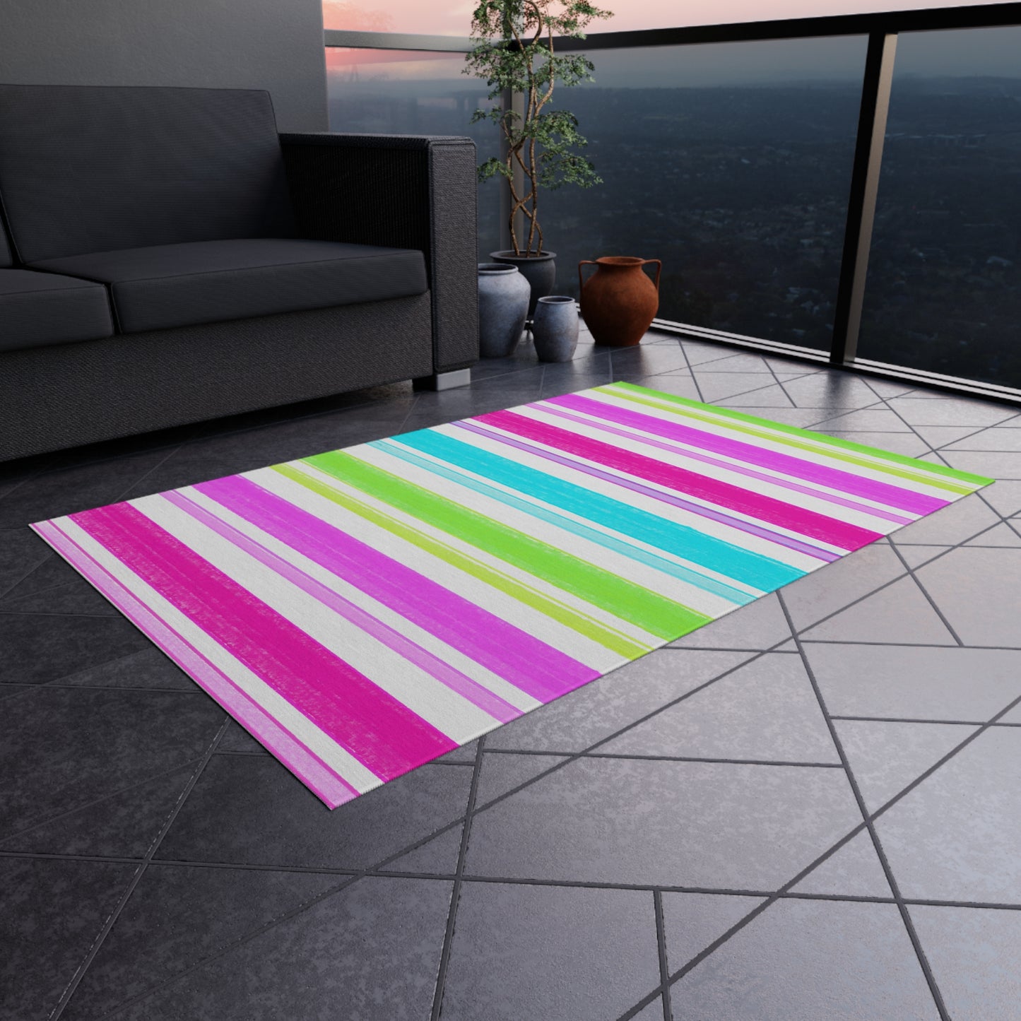 Butterfly Flutterstripe Outdoor Rug , Pinks, Greens, Aqua