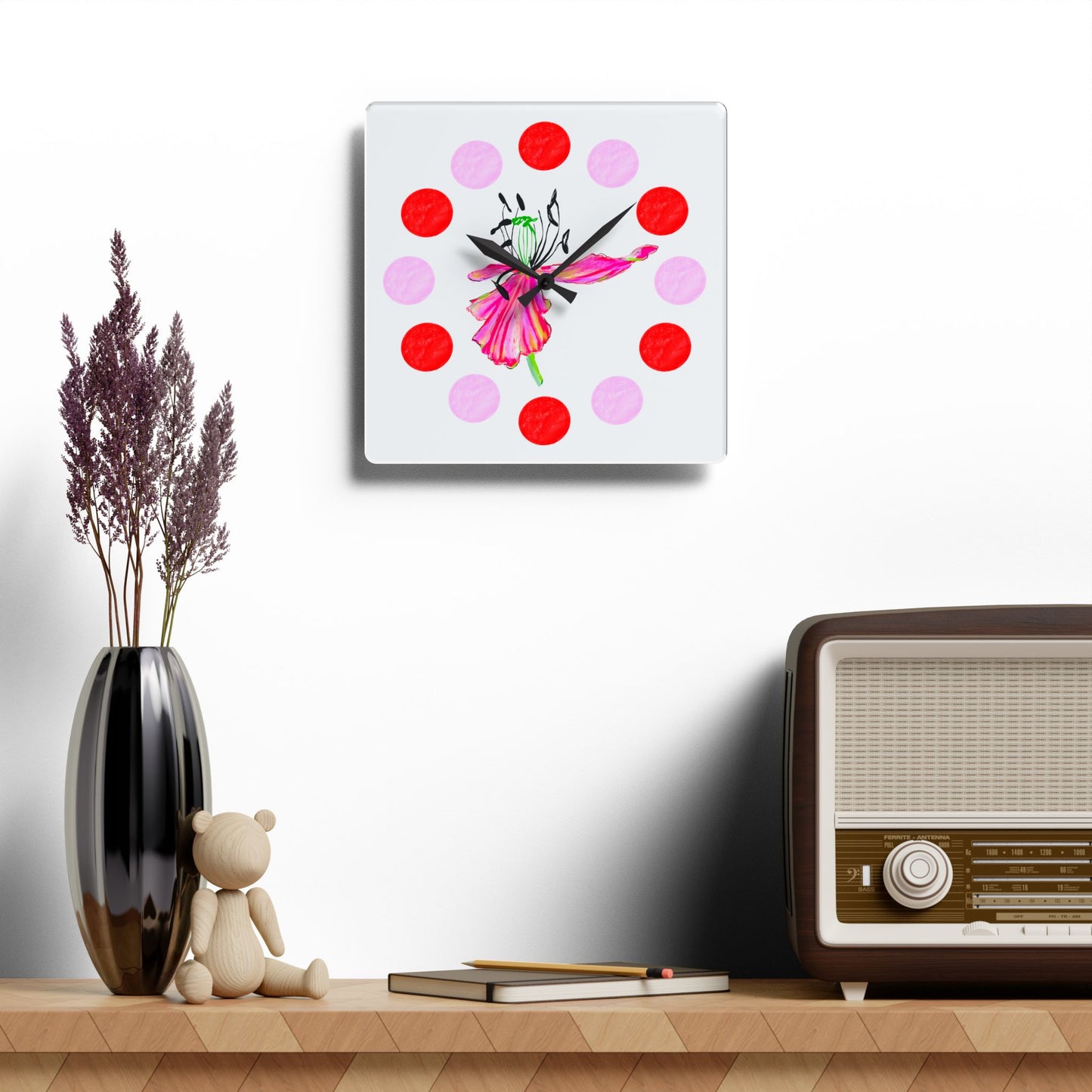 Tulip Love Acrylic Wall Clock, Pink and Red polka dots tulip