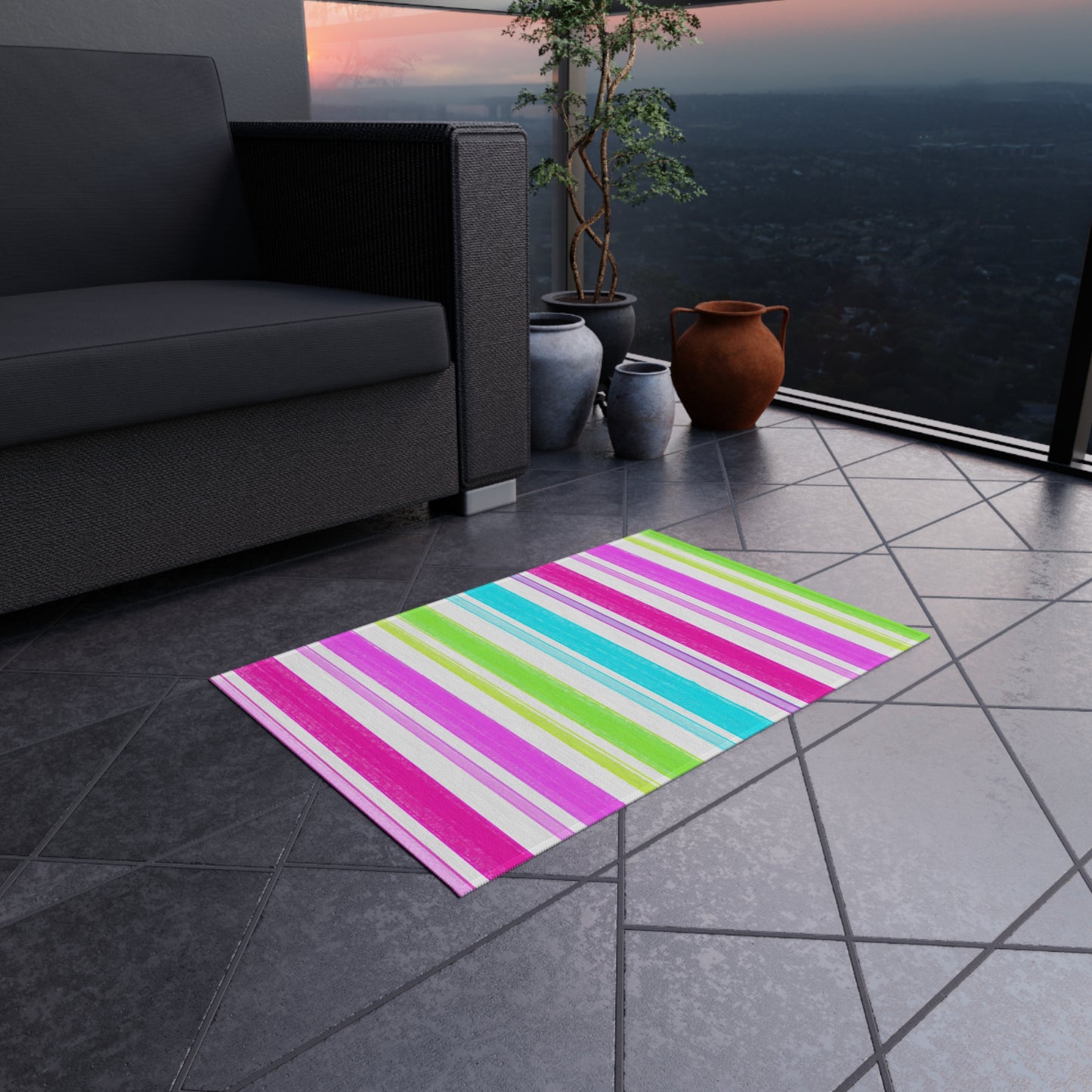Butterfly Flutterstripe Outdoor Rug , Pinks, Greens, Aqua