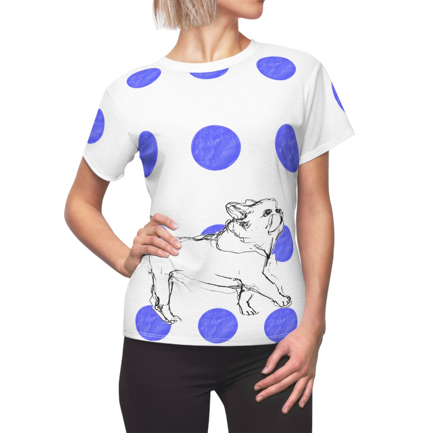 Dogi Fun Women's Tee shirt White with Blue Polka Dots, Lab Puppy