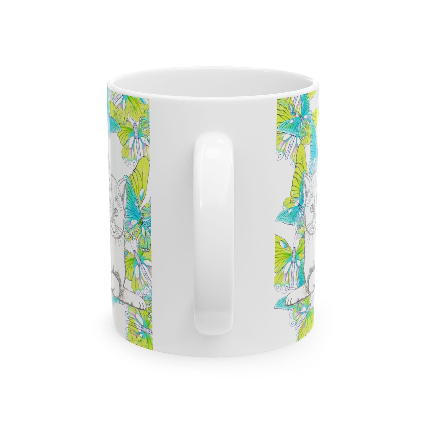 Kitty Flutter Ceramic Mug, Aqua/Lime, (11oz, 15oz)
