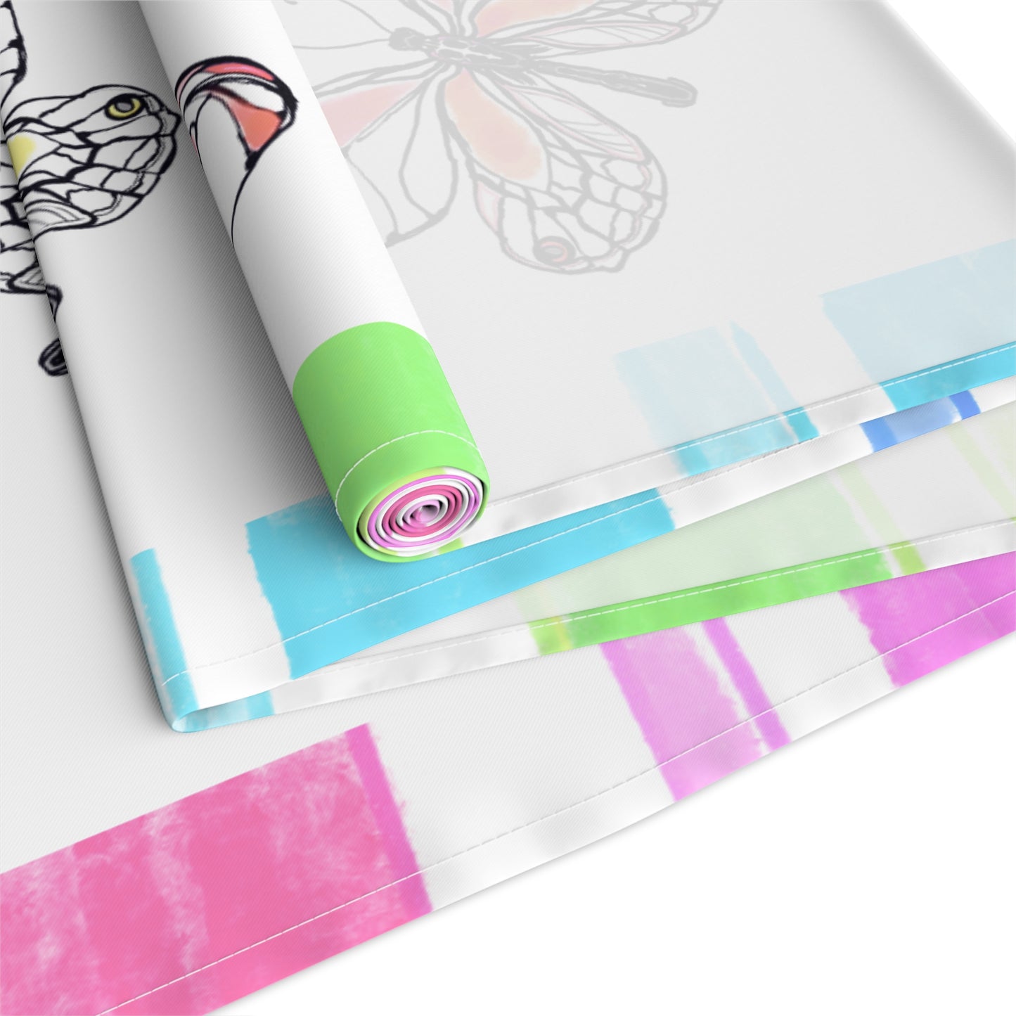 Butterfly Flutterstripe Table Runner in Multi-color With Pink, Blue, Green Border 1 size ( 16" × 90")  (available in Cotton (Creamier) & Polyester (Whiter)