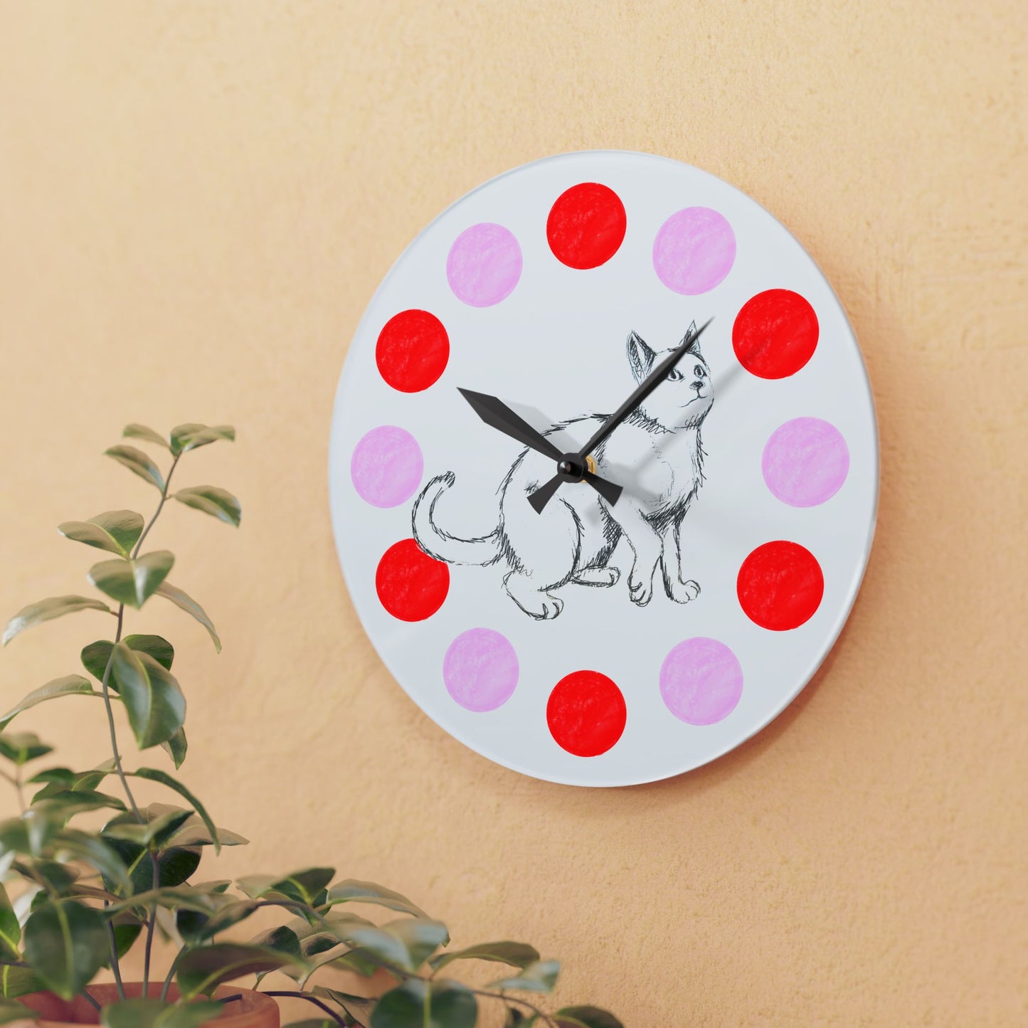 Kitty Fun, Acrylic Wall Clock, Pink and Red polka dots