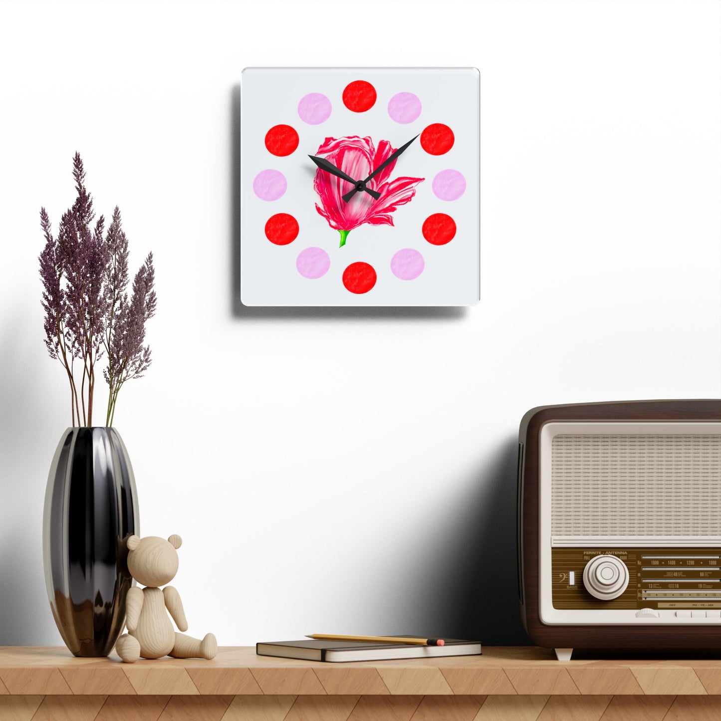 Tulip Love, Acrylic Wall Clock, Pink and Red polka dots Red tulip