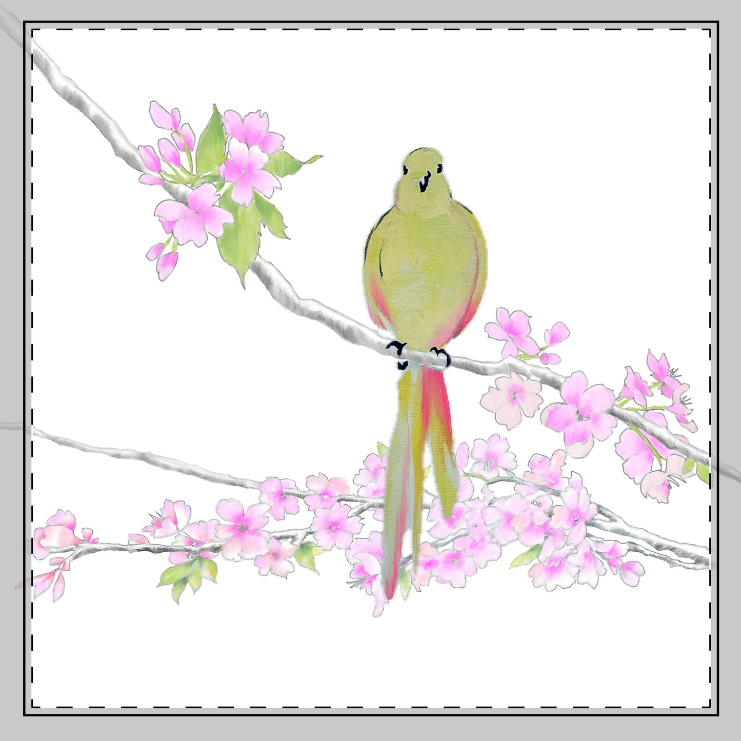 Blossoms & Birds in Yellow Green, Poly Twill Napkin , Background fabric in Bright White