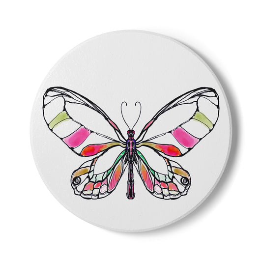 Butterfly Blossom Romp Ceramic Coaster, Multi Color,  Pink, Green, Red