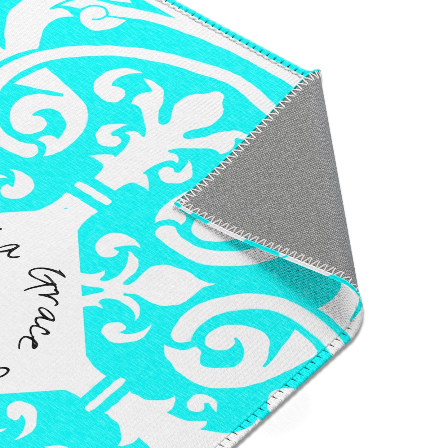 Scrollwork Indoor/Outdoor Rug Aqua "Sola Gratia..."