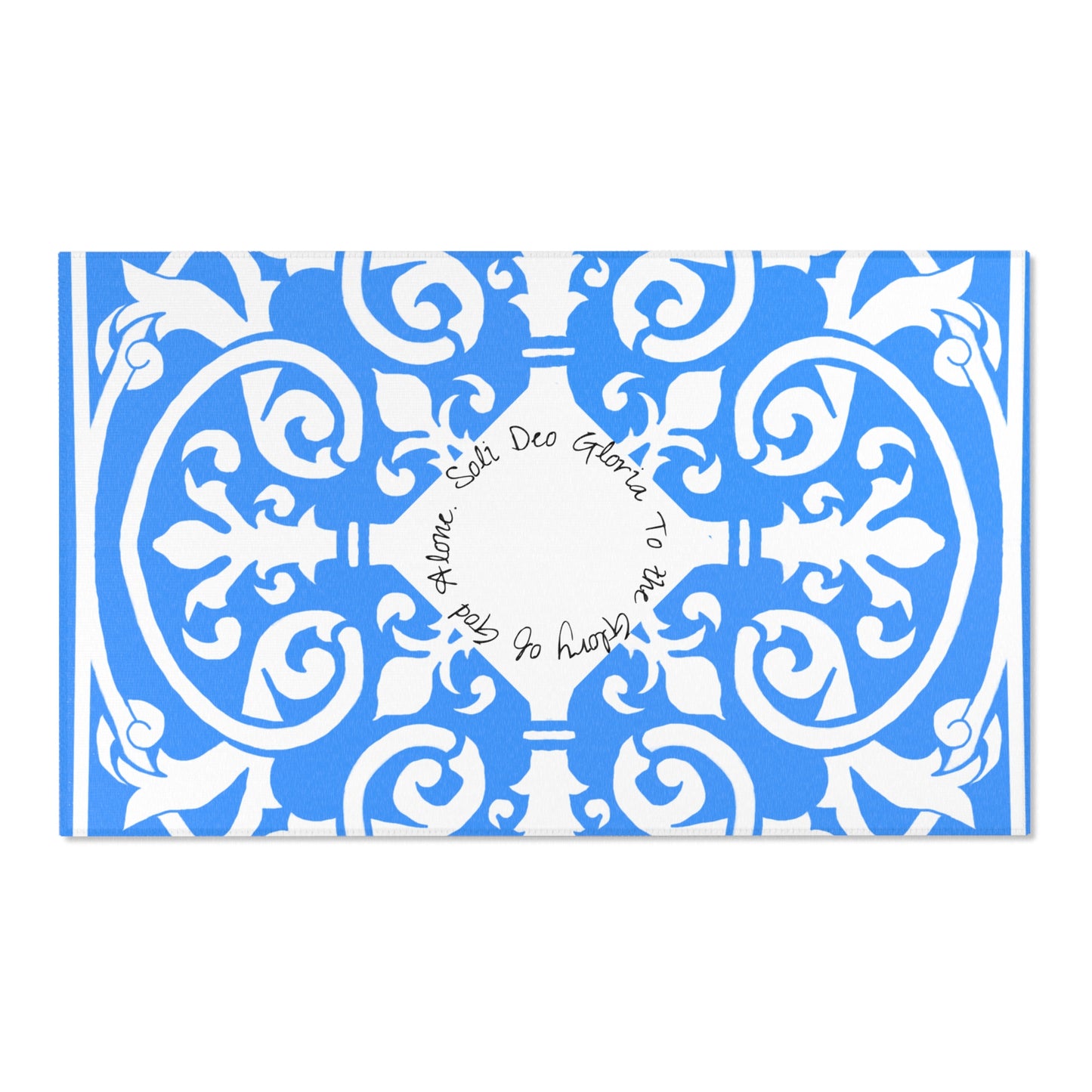 Scrollwork Indoor/Outdoor Rug Blue "Soli Deo Gloria..."