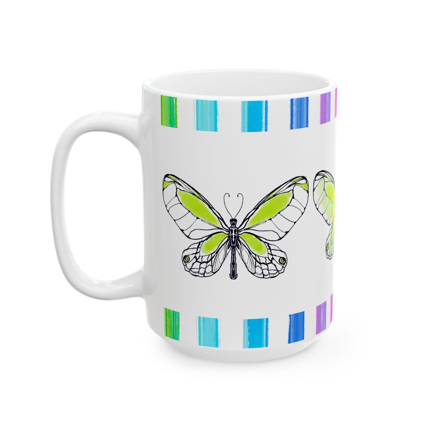Butterfly Rainbow Stripe Ceramic Mug in Lime with Multi-color Striped Border, (Available in 2 sizes 11oz and 15oz)