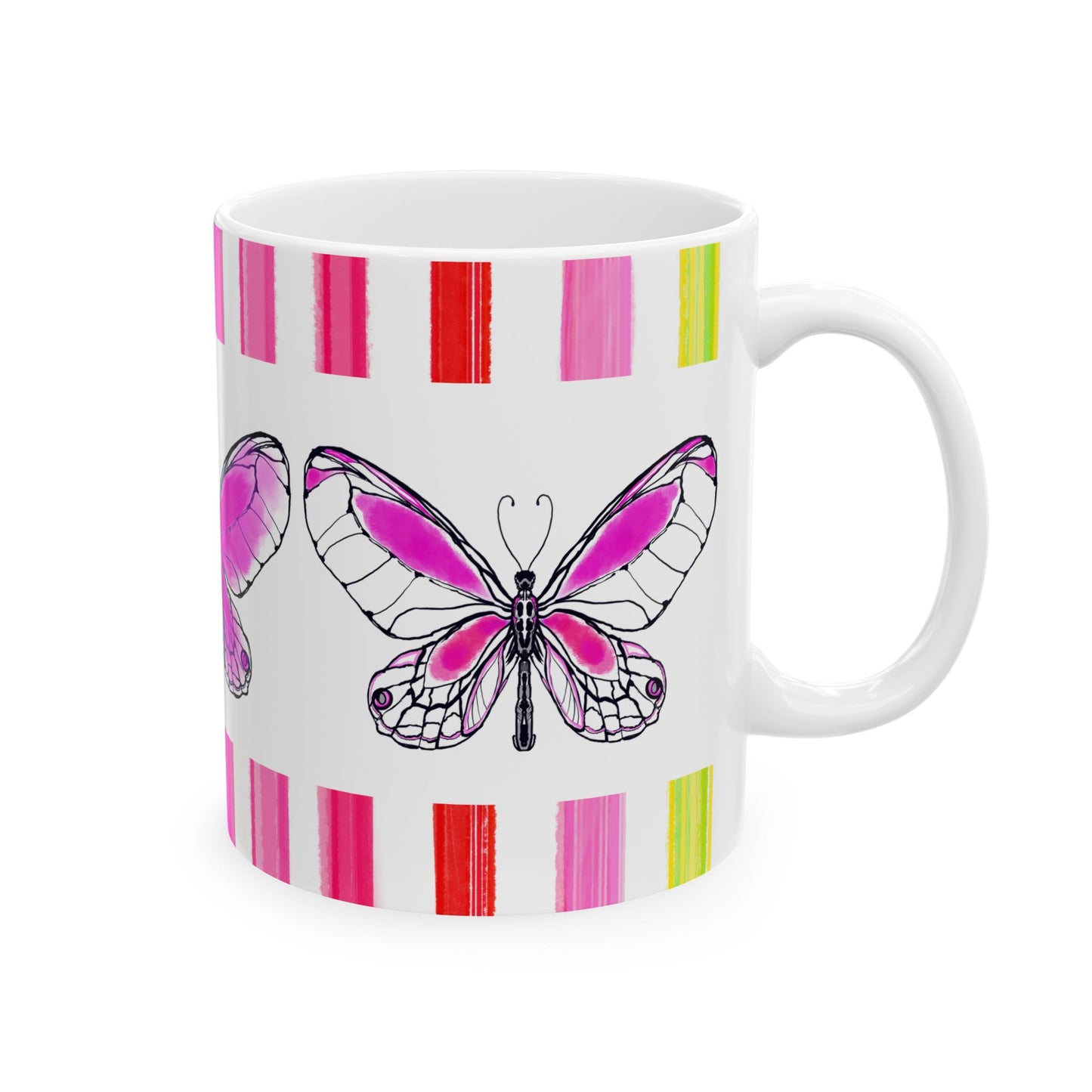 Butterfly Rainbow Stripe Ceramic Mug in Raspberry Pink with Multi-color Striped Border, (Available in 2 sizes 11oz and 15oz)