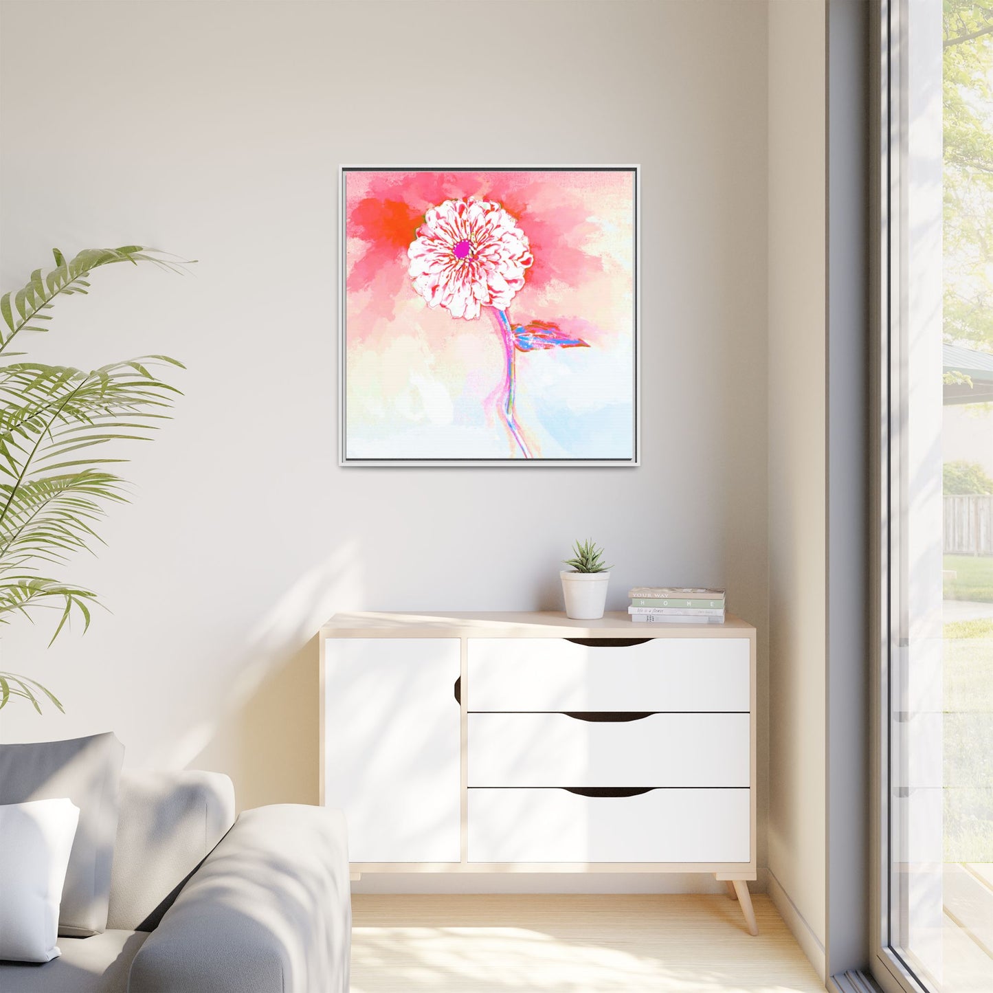 Zinnia Color Splash Matte Canvas Light Red Framed