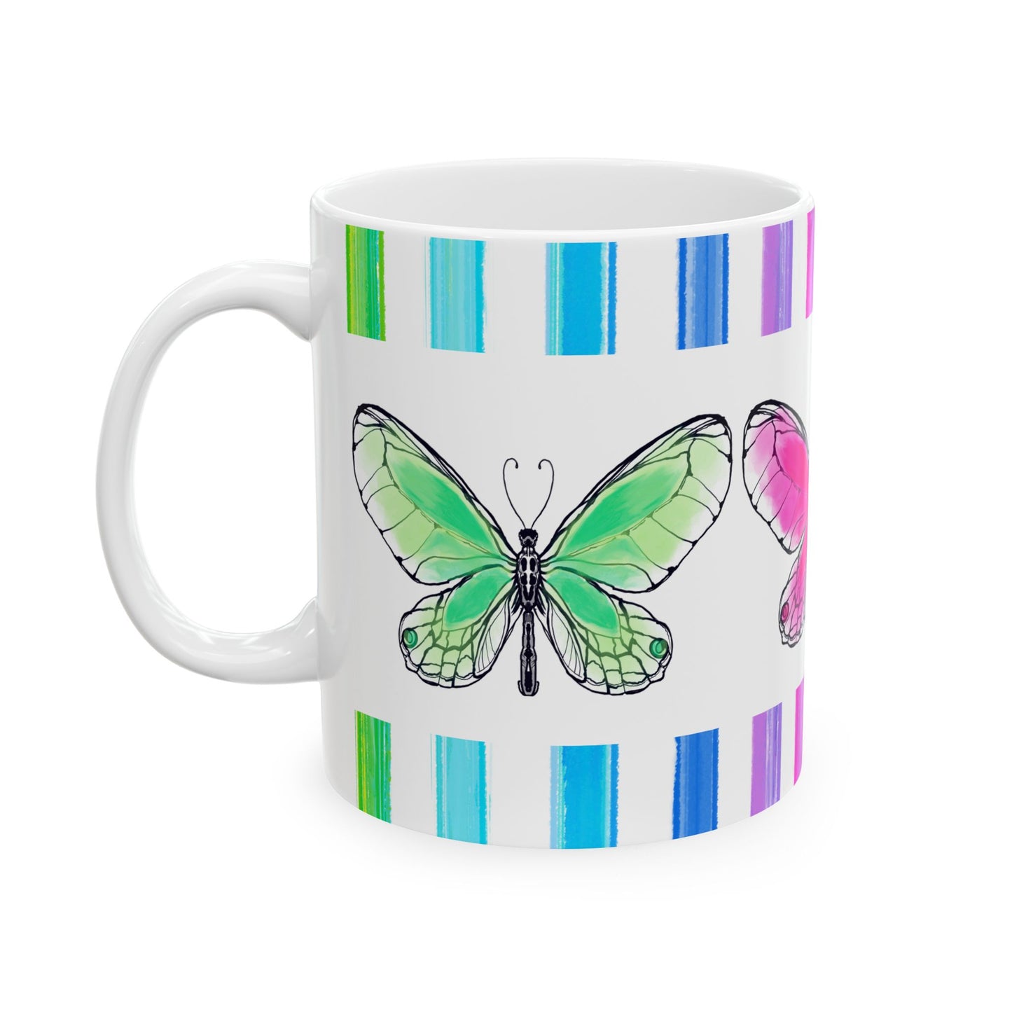 Butterfly Rainbow Stripe Ceramic Mug in Pink, Yellow, and Green with Multi-color Striped Border, (Available in 2 sizes 11oz and 15oz)
