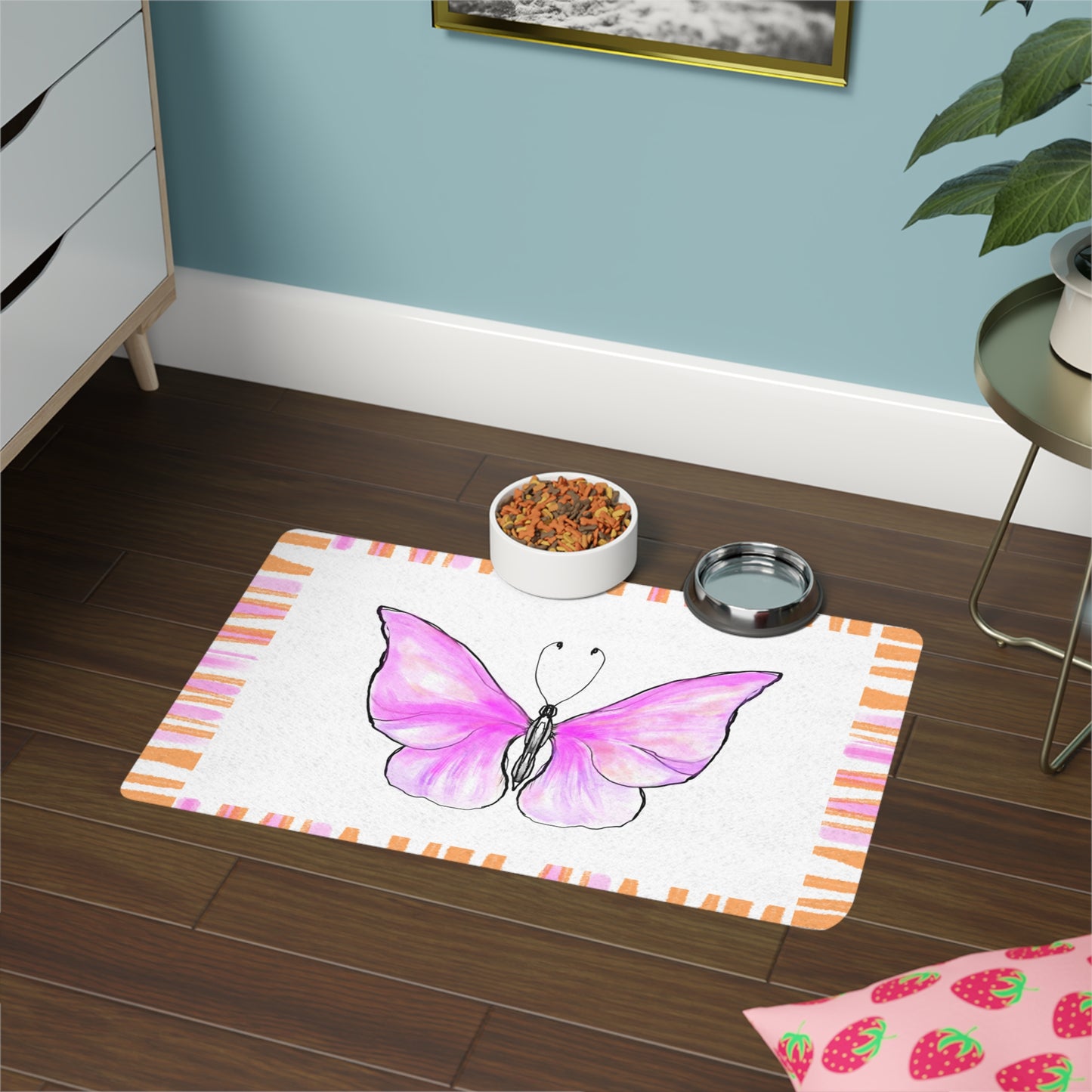 Pet Food Mat Rainbow Stripe Butterfly