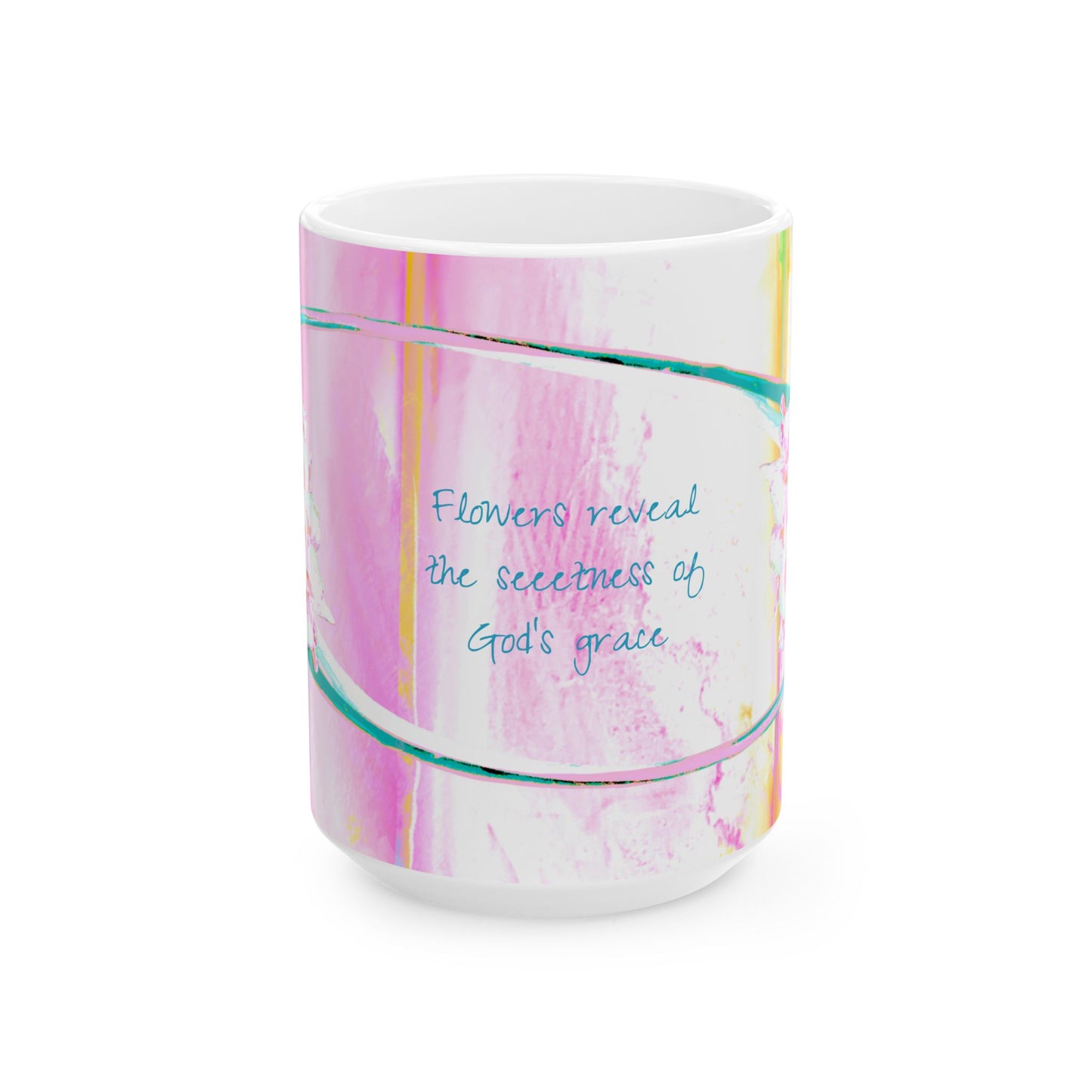 Zinnia Ceramic Mug Raspberry Orange "Flowers reveal the sweetness of God's grace"
