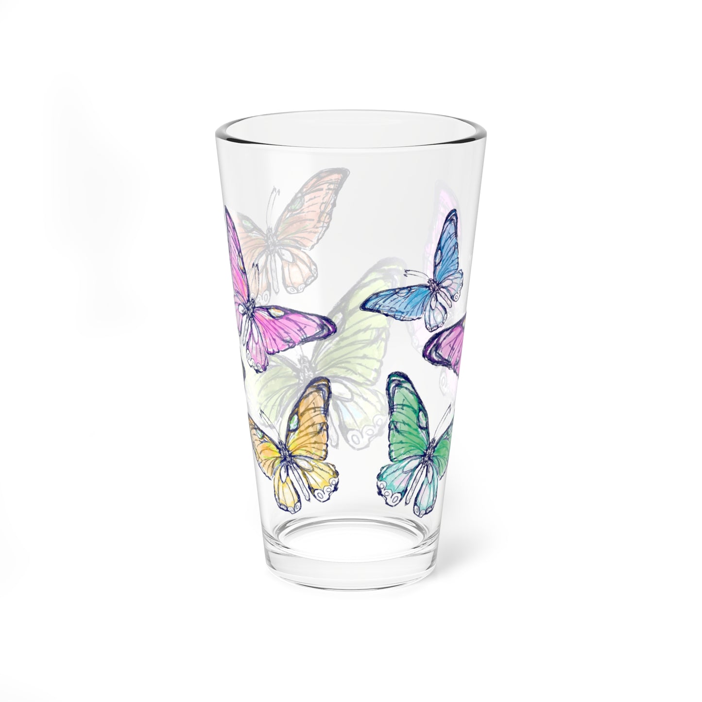 Blossom Whirl Pint Glass, 16oz, Largest Butterfly is Yellow Green
