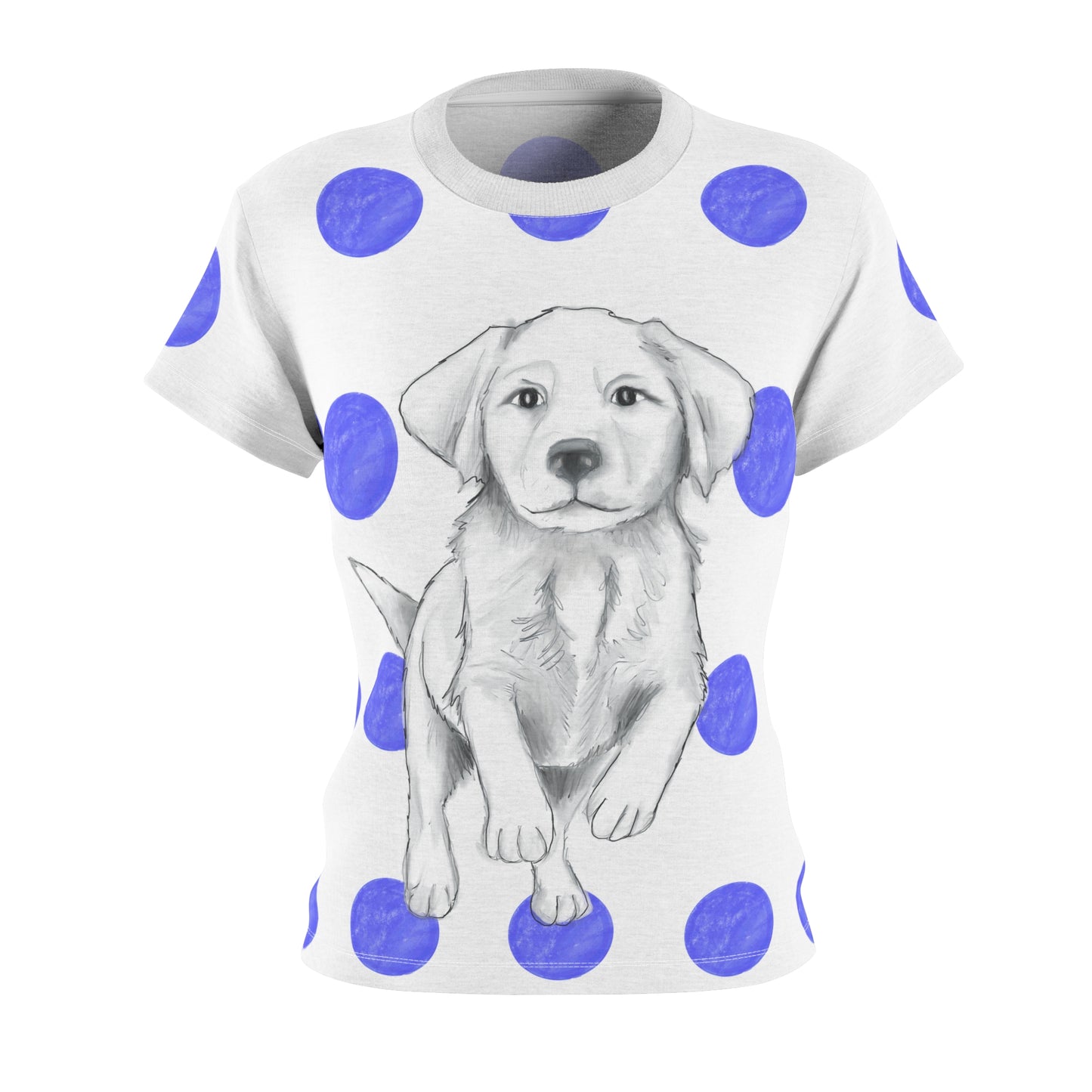 Dogi Fun Women's Tee shirt White with Blue Polka Dots, Lab Puppy