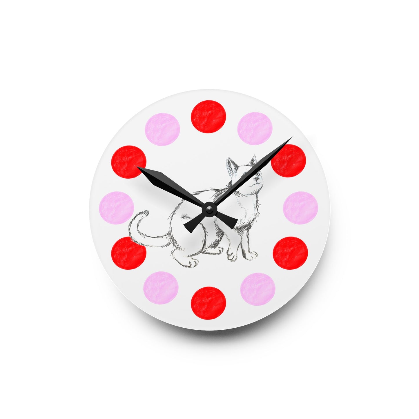 Kitty Fun, Acrylic Wall Clock, Pink and Red polka dots