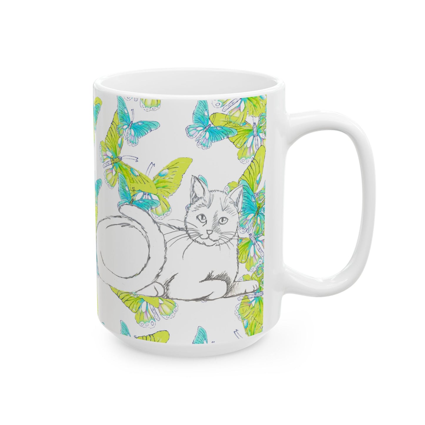 Kitty Flutter Ceramic Mug, Aqua/Lime, (11oz, 15oz)