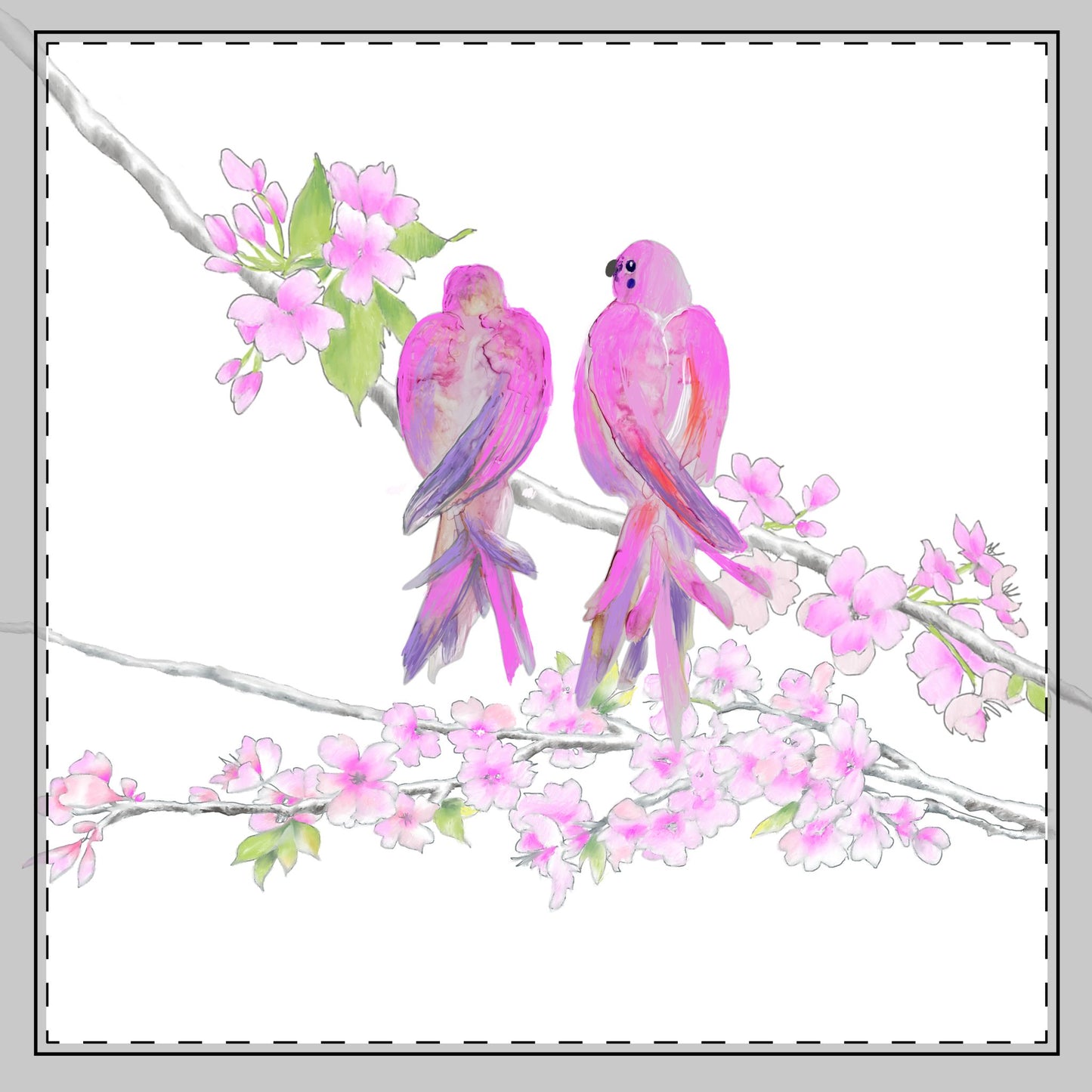 Blossoms & Birds in Pink Poly Twill Napkin, Background Fabric Bright White