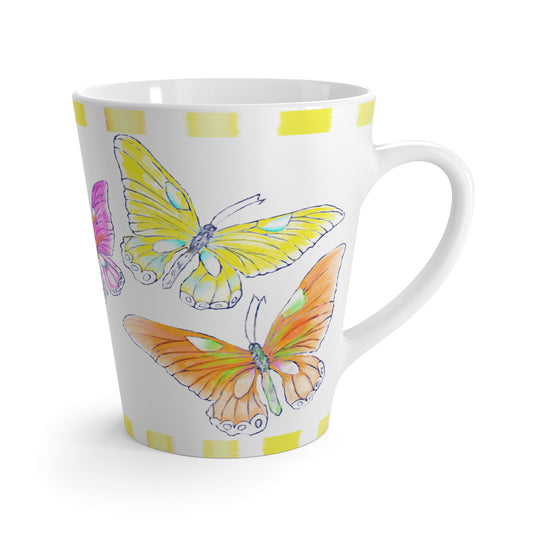 Butterfly Swing  Latte Mug  Aqua, Pink, Lilac. Orange, Yellow Butterflies, Yellow Stripe