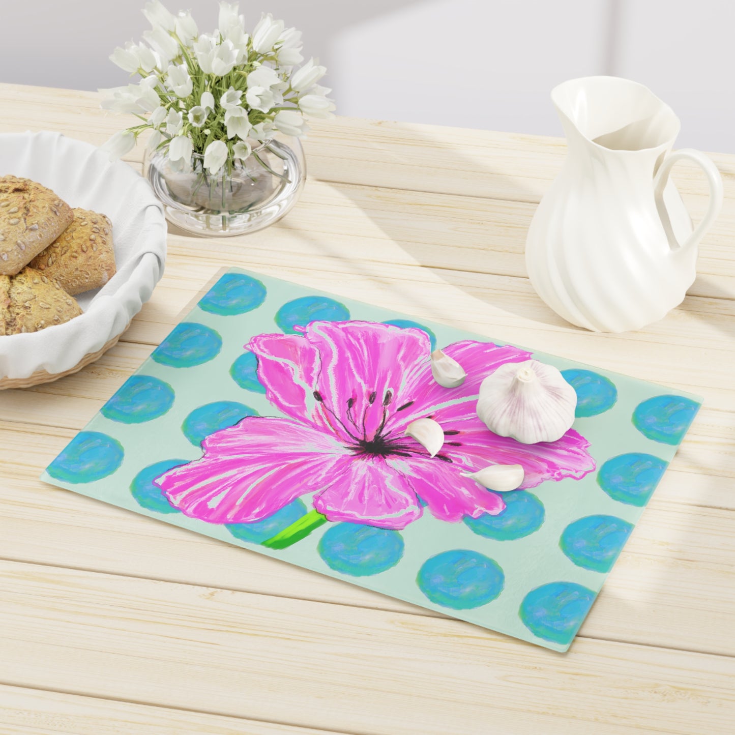 Dancing tulips Cutting Board Aqua Polka Dots