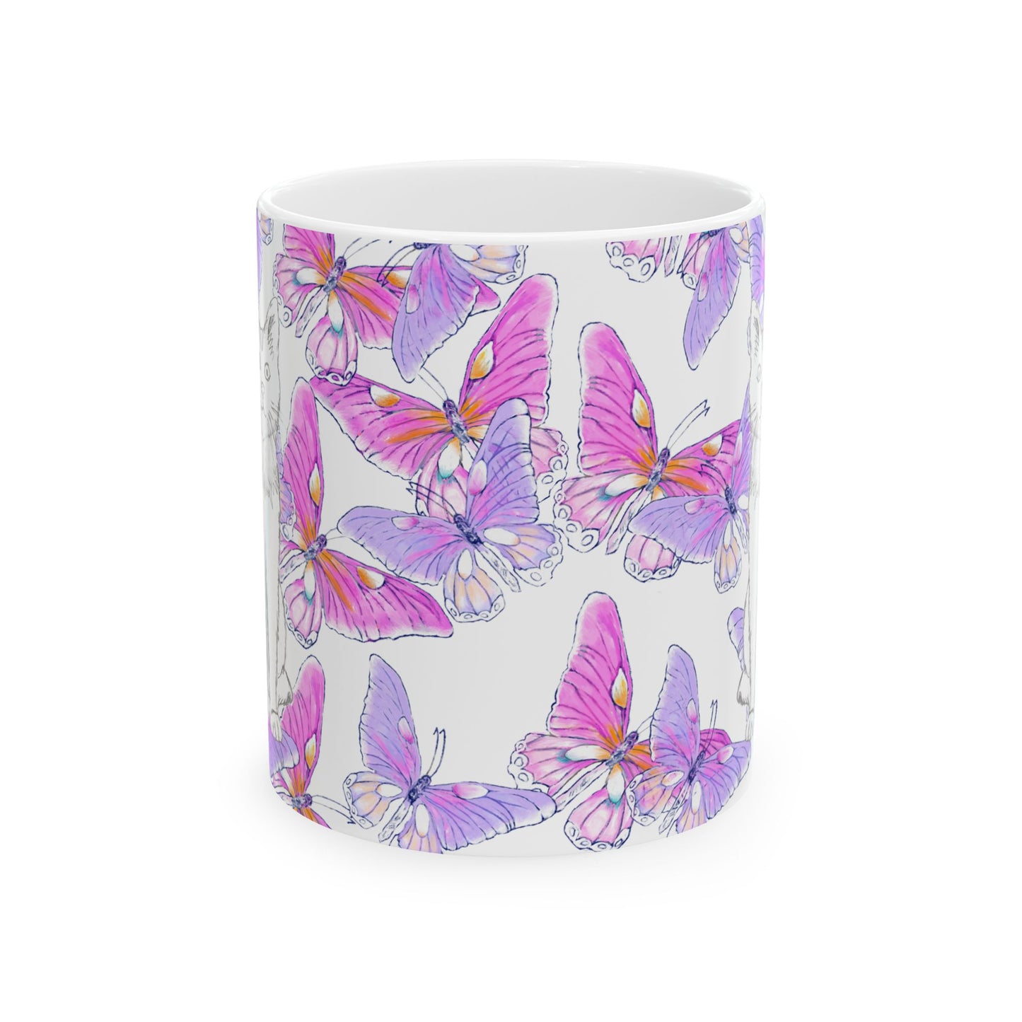Kitty Flutter Ceramic Mug, Pink/Lavender, (11oz, 15oz)