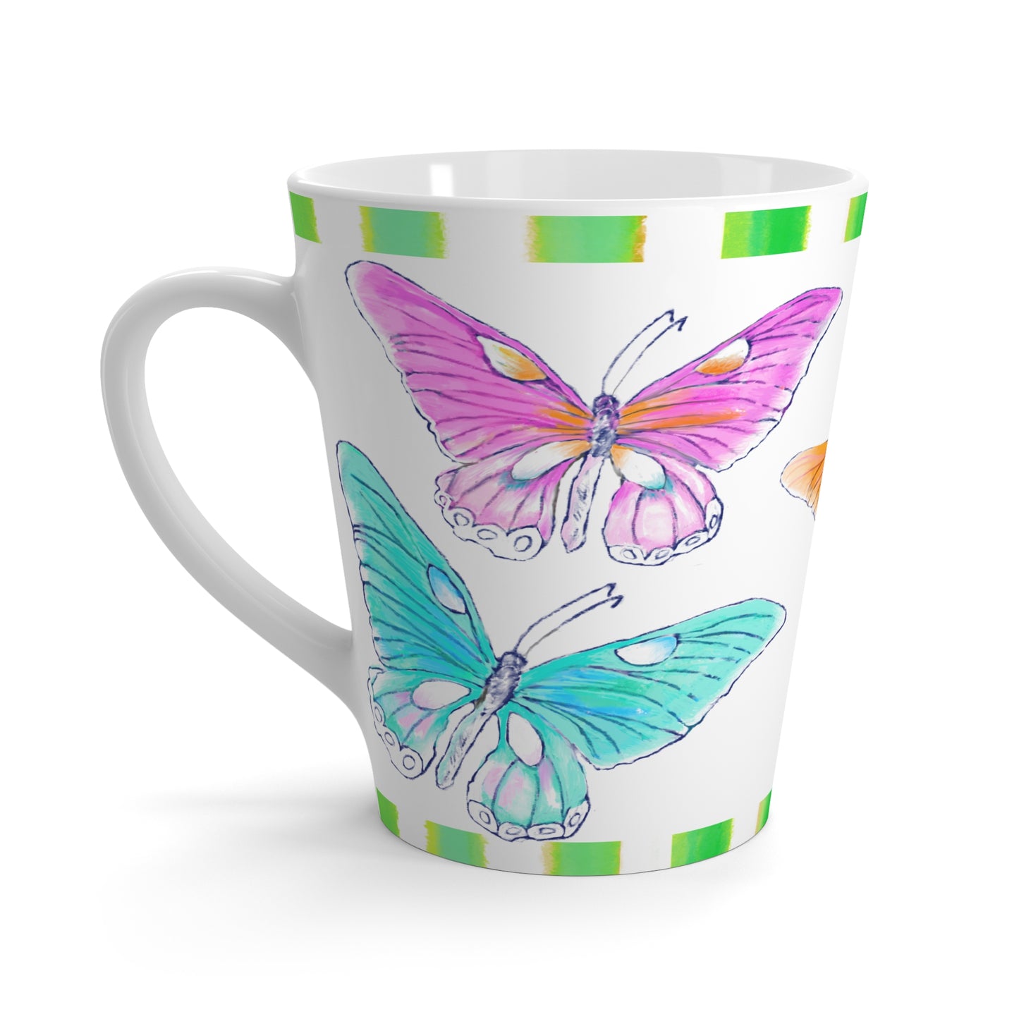 Butterfly Swing Latte Mug, Aqua, Lilac ,Orange, Yellow, Pink Butterflies, Green Stripe