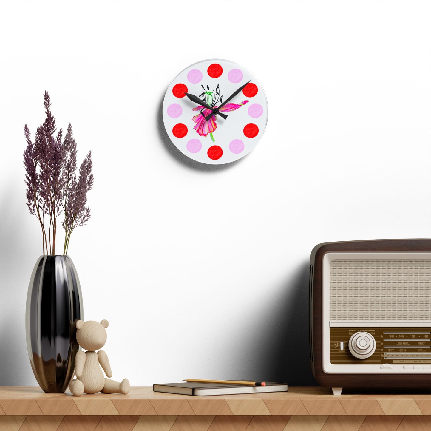 Tulip Love Acrylic Wall Clock, Pink and Red polka dots tulip