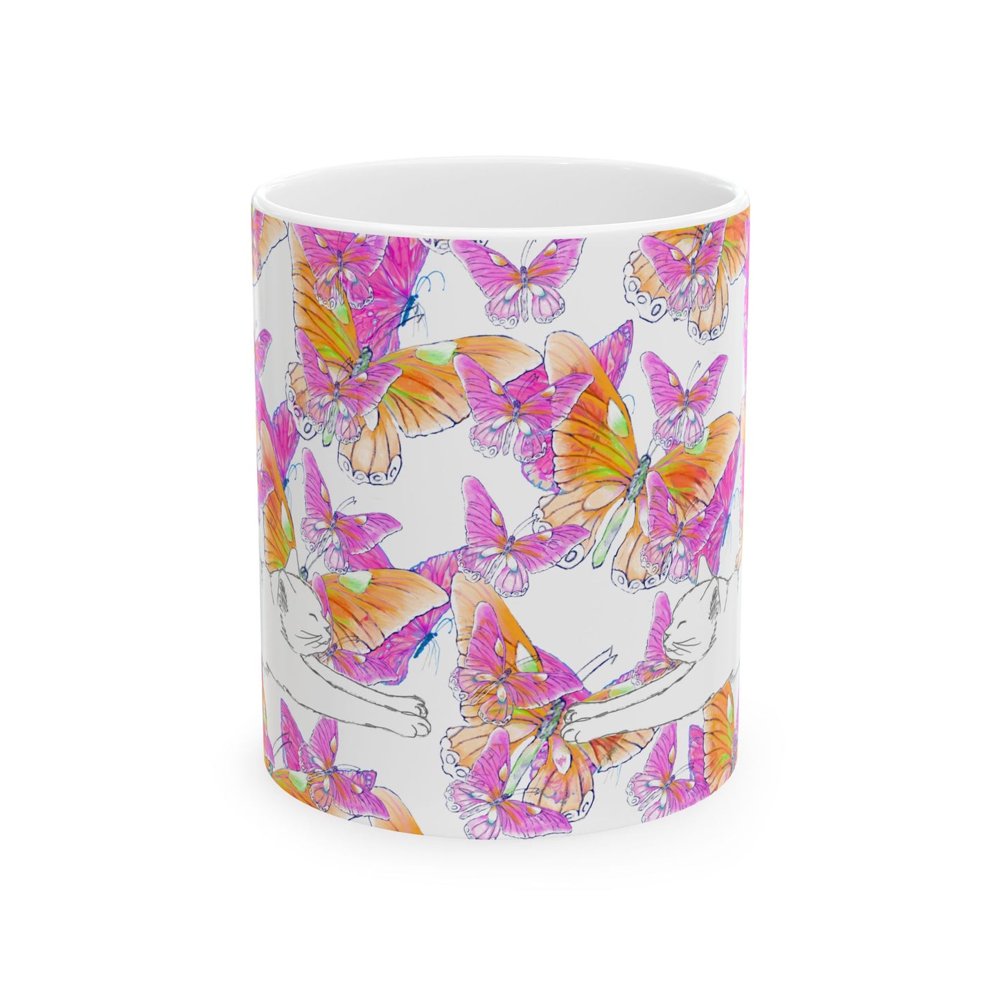 Kitty Flutter Ceramic Mug, Pink/Orange, (11oz, 15oz)