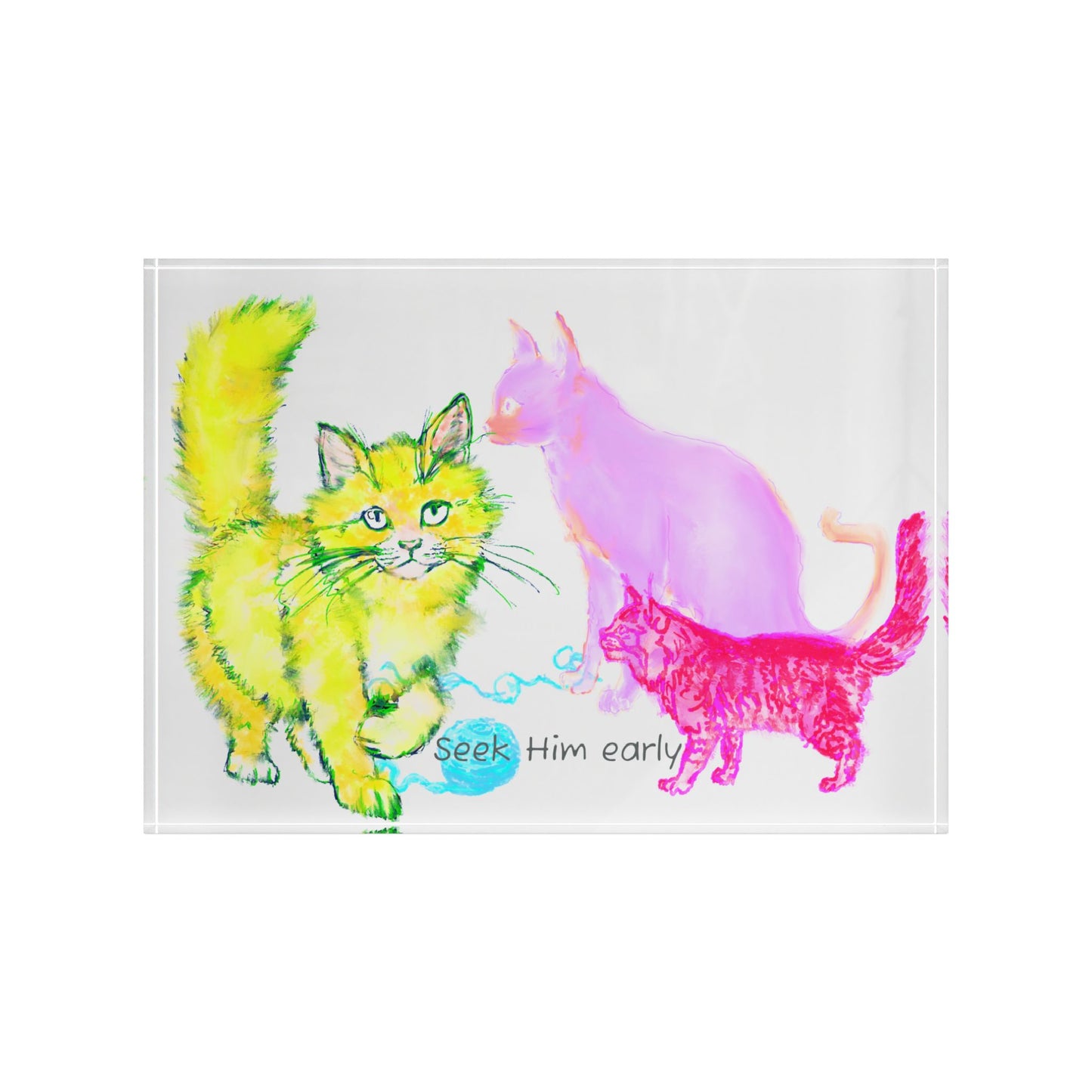 Colorful Cats & Dogs Acrylic Art Block 3 Cats Yellow, Pink, Lavender- Seek Him early
