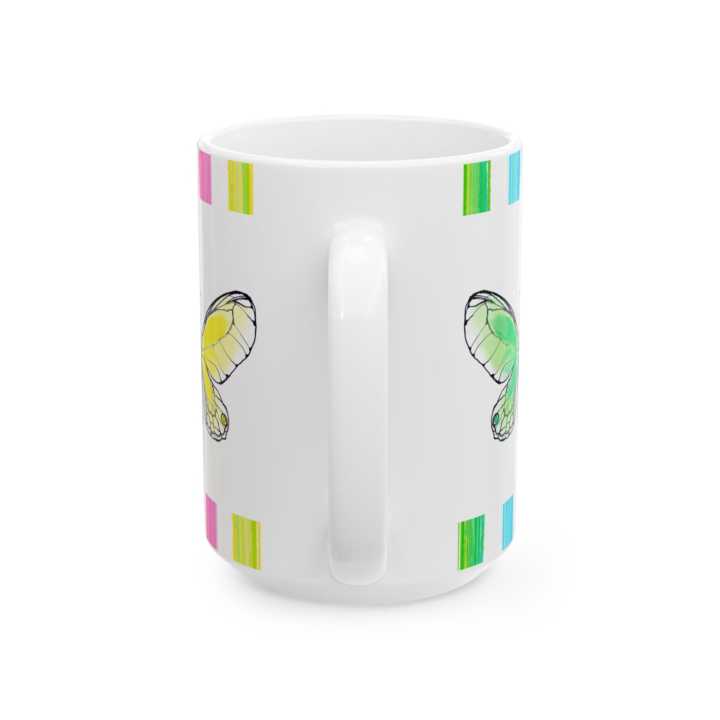 Butterfly Rainbow Stripe Ceramic Mug in Lavender, Yellow, and Green with Multi-color Striped Border, (Available in 2 sizes 11oz and 15oz)