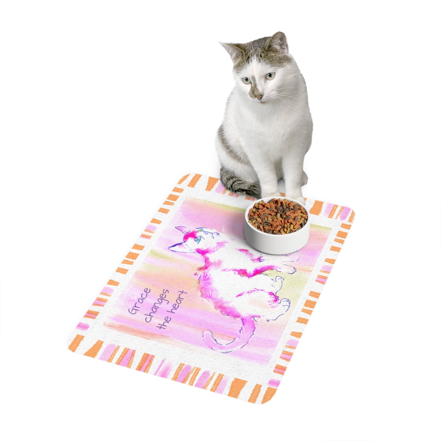Kitty Fun and Wisdom Pet Food Mat in Pink, "Grace changes the heart"