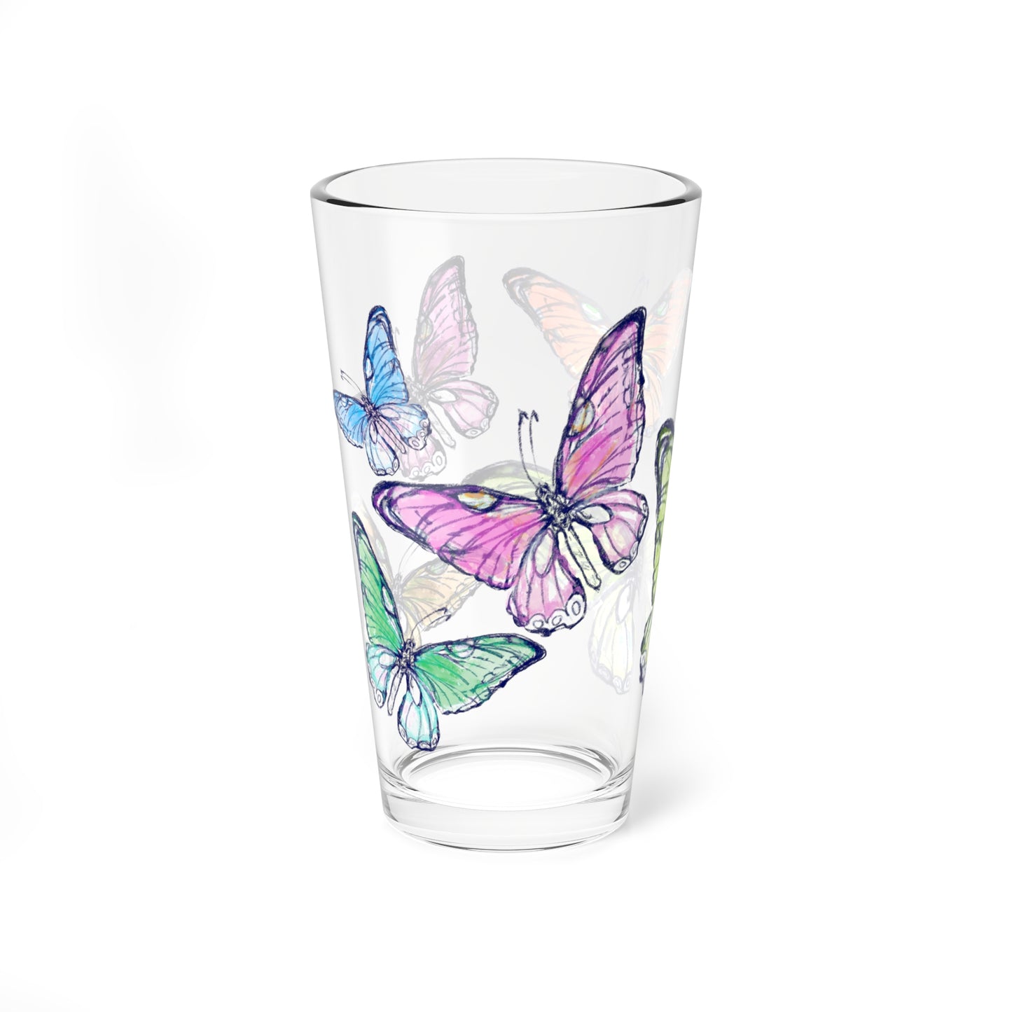 Blossom Whirl Pint Glass, 16oz, Largest Butterfly is Yellow Green