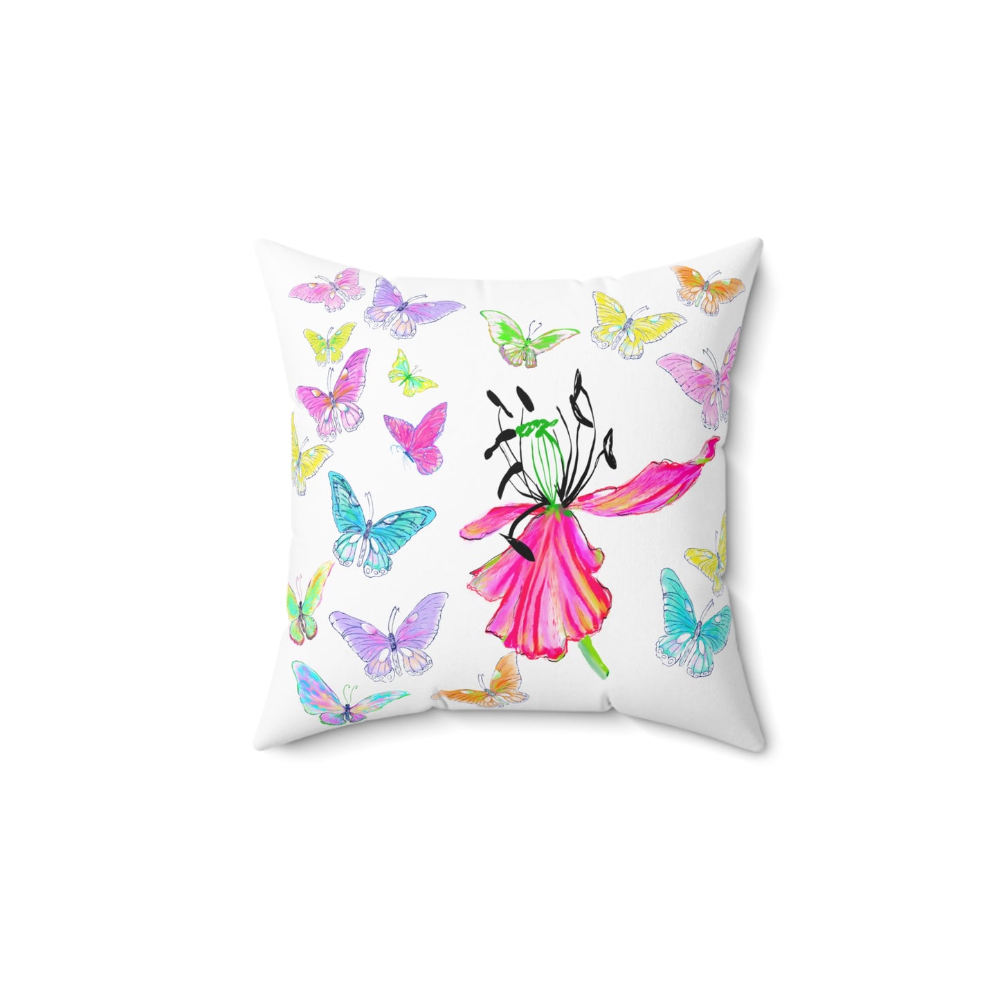 Dancing Tulips Butterflies Spun Polyester Square Pillow. Multi-Color Butterflies, Pink Tulip